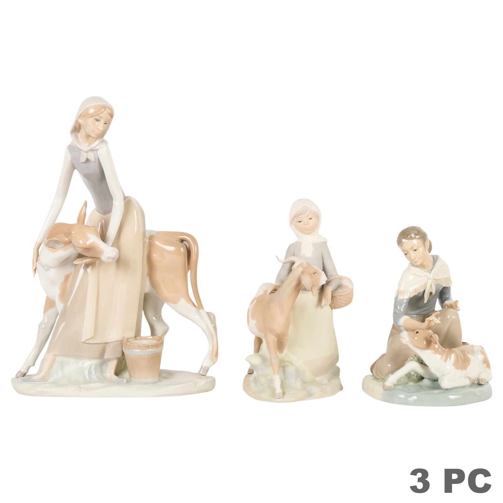 Lladro Porcelain Girl & Livestock Figures 3pc LOT (1 of 6)