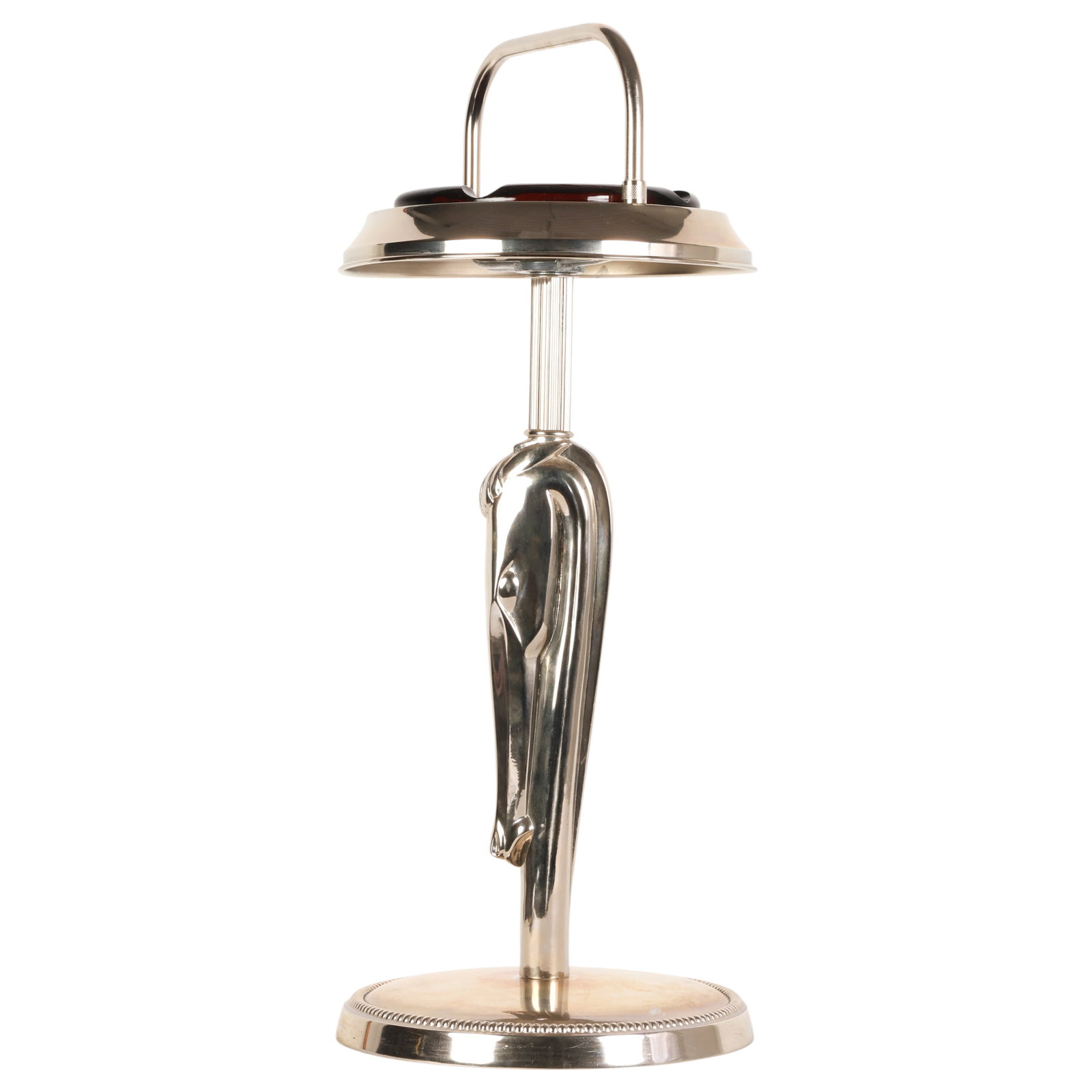 Art Deco Chrome Horse Floor Standing Smoking Stand: Art Deco smoker's stand featuring a central stem in the form of a chrome-plated stylized horse head, surmounted by a circular amber glass ashtray insert with an arched handle. Raised on a round base w