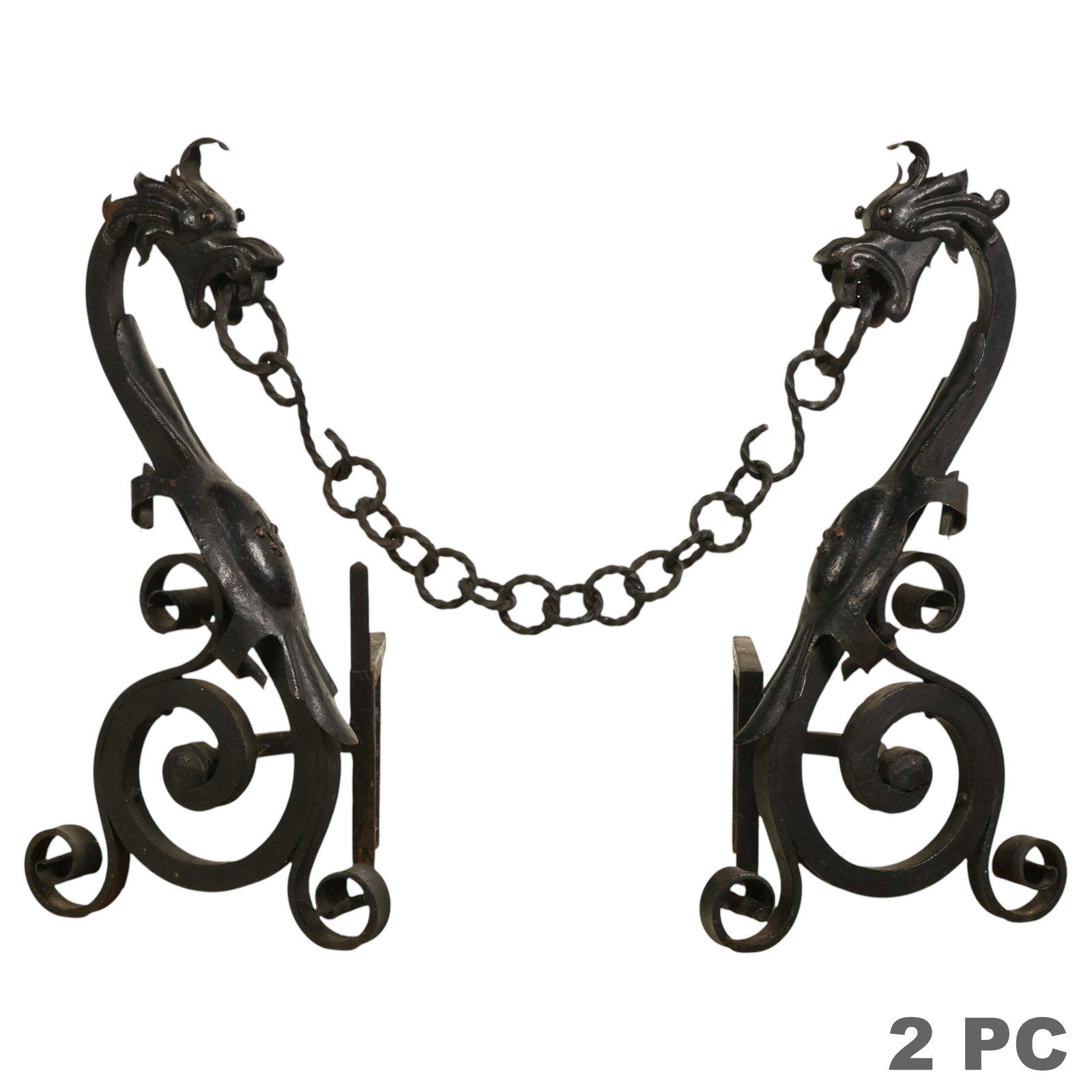 Pair of Wrought Iron Bench Made Gothic Andirons (1 of 8)
