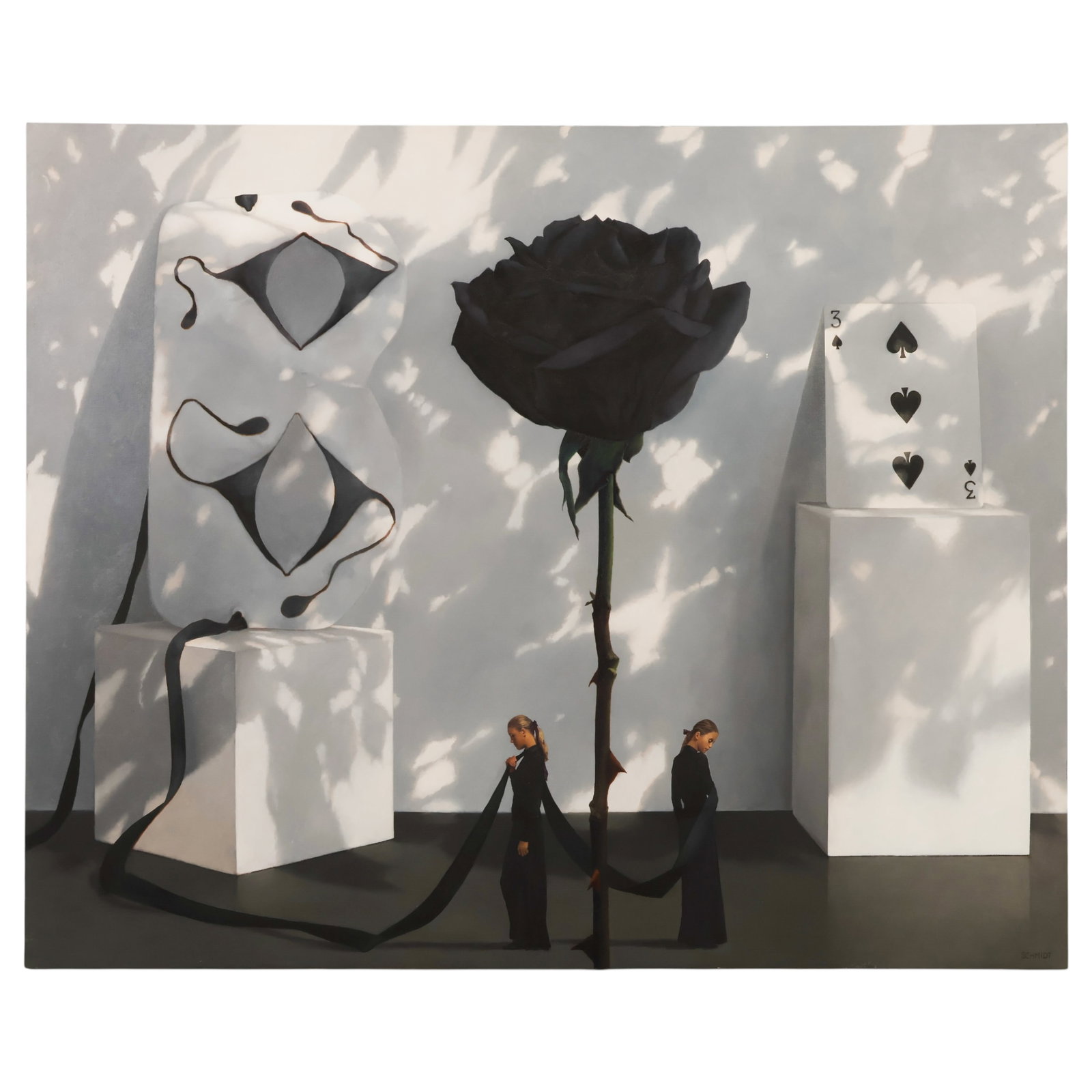 Susan Schmidt b1953 Surrealist Black Rose Painting: Susan Schmidt (American, born 1953), Still Naive, Most Comfortable in Shadows, oil on canvas depicting a surreal still life with a black rose, theatrical masks, playing card, and two female figures. S