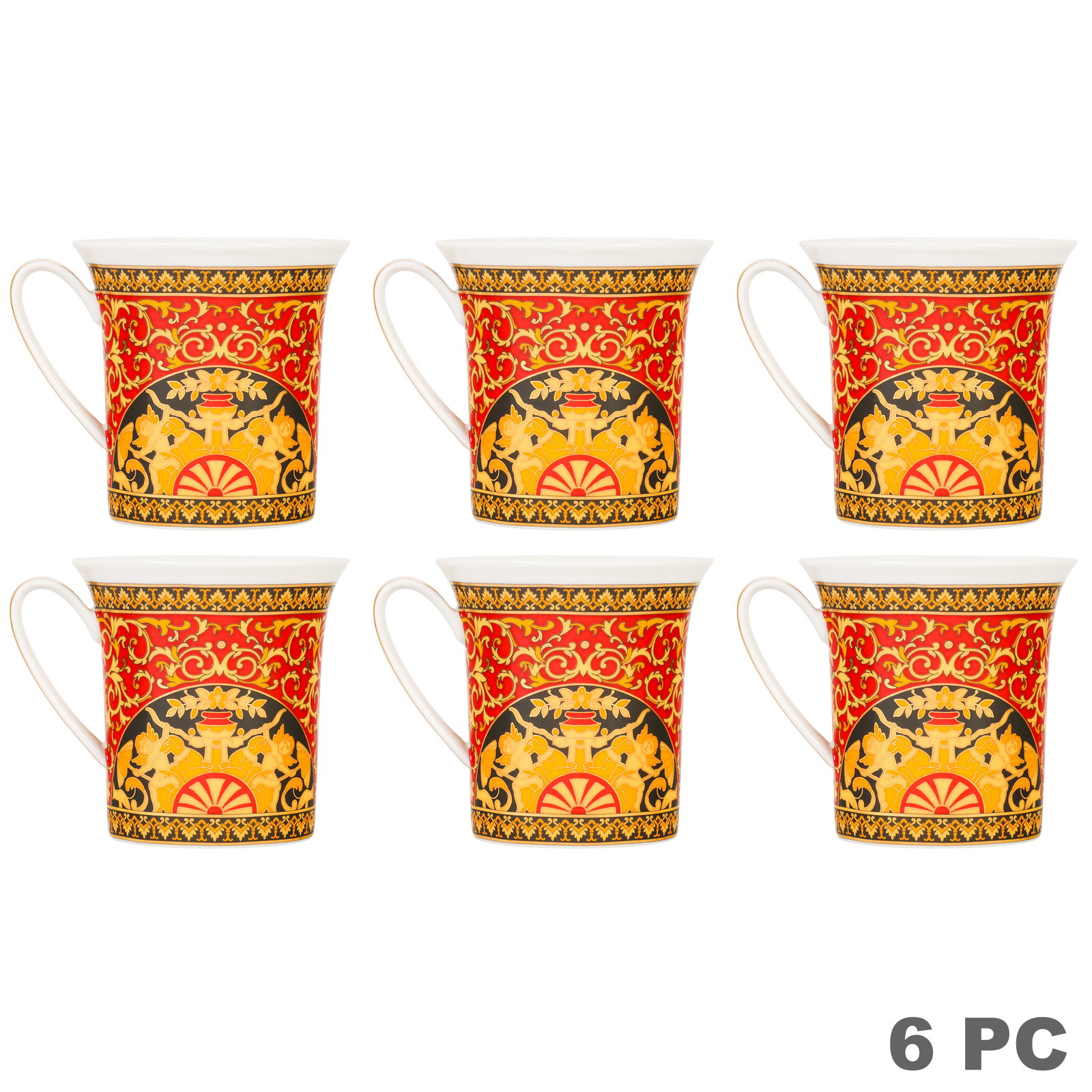 Versace Rosenthal Medusa Red Coffee Mugs 6pc SET: SRosenthal Versace Medusa set of six German porcelain coffee mugs featuring the Medusa head with gilt scrollwork, classical motifs, and red, black, and gold decoration. Each bears the Rosenthal Versac