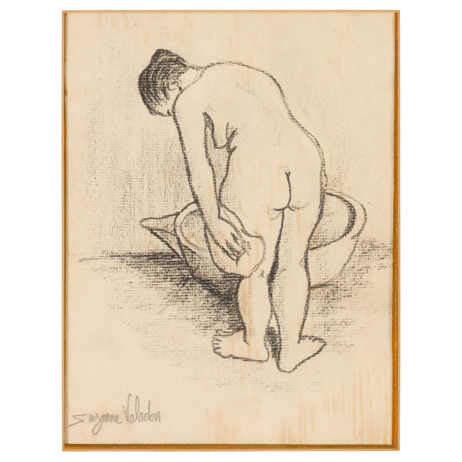 Suzanne Valadon 1865-1938 Nude Female Litho SIGNED: Suzanne Valadon (French, 1865-1938), lithograph on paper depicting a standing female nude bending over a wash basin. Signed lower left. Presented under glass with a wide mat in a gilt wood frame. Appr