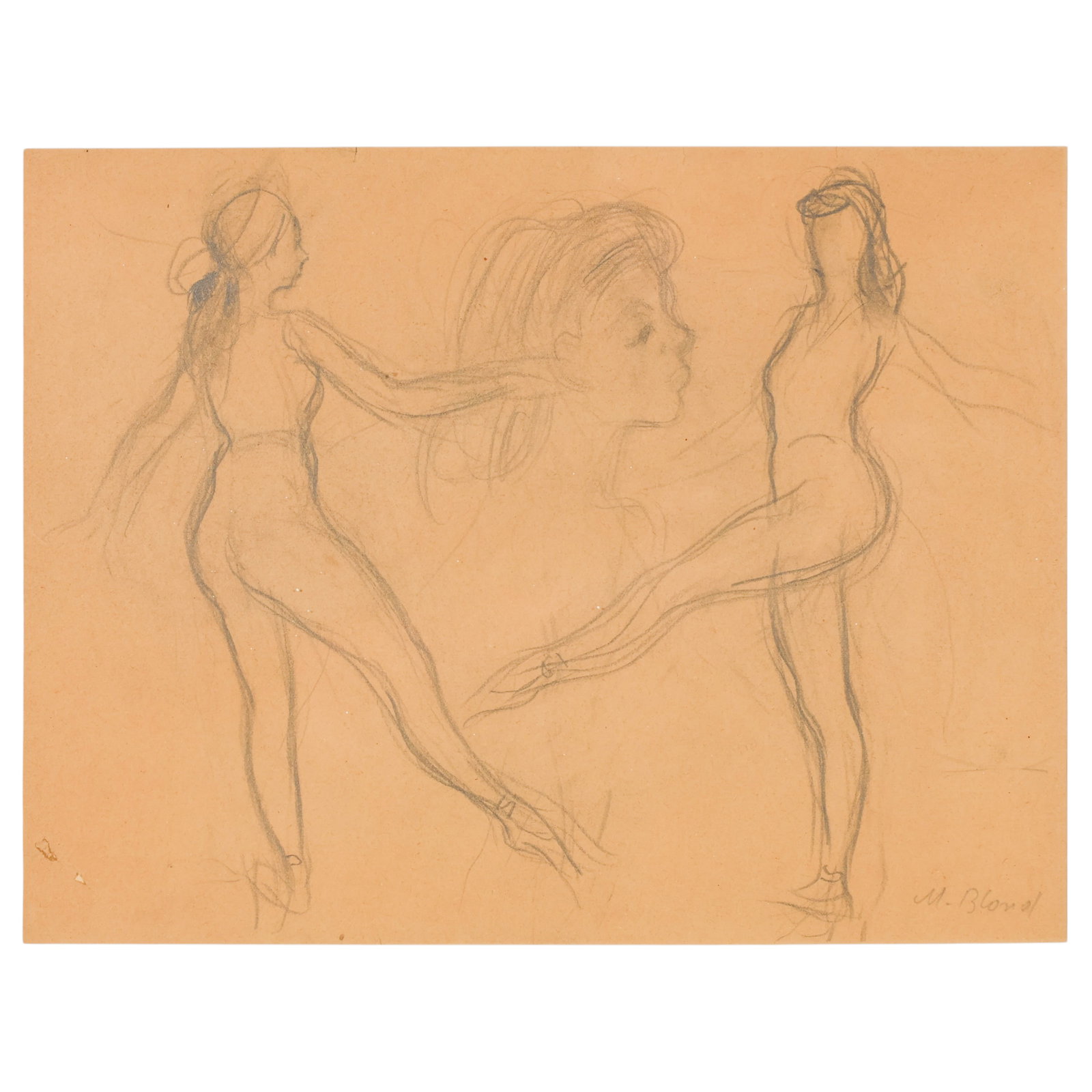 Maurice Blond 1899-1974 Study of Dancers Drawing: Maurice Blond (Poland, 1899-1974), Studies of Dancers, pencil drawing on paper depicting multiple figure studies of dancers. Signed lower right, "M. Blond." Presented under glass in a wood frame. Vers
