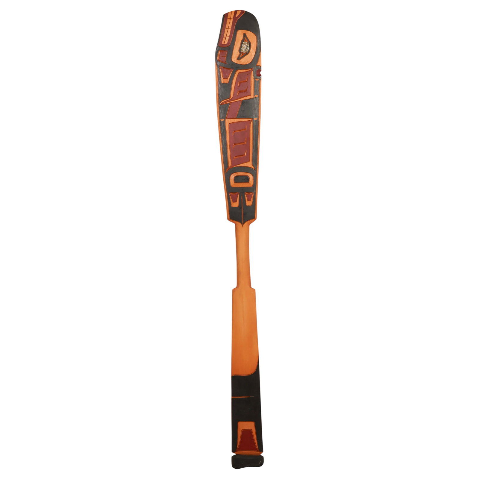 N. Vonda Pacific Northwest Carved Killer Whale Oar: Northwest Coast carved killer whale (orca) canoe paddle in hand-carved and painted wood featuring a stylized killer whale with abalone shell inlay and traditional formline decoration in black and red.