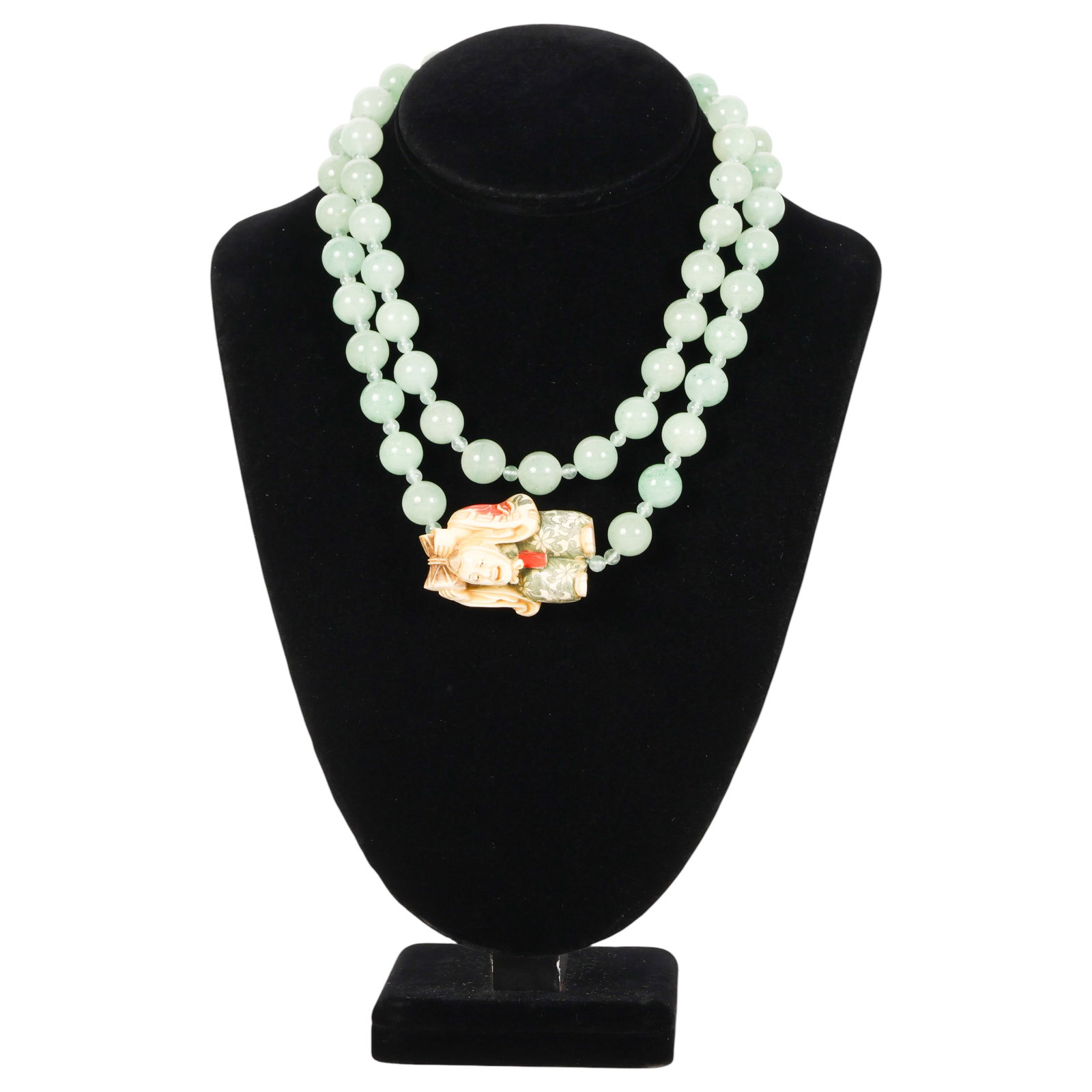 Chinese Green Jade Bead Necklace w/ Carved Netsuke (1 of 6)