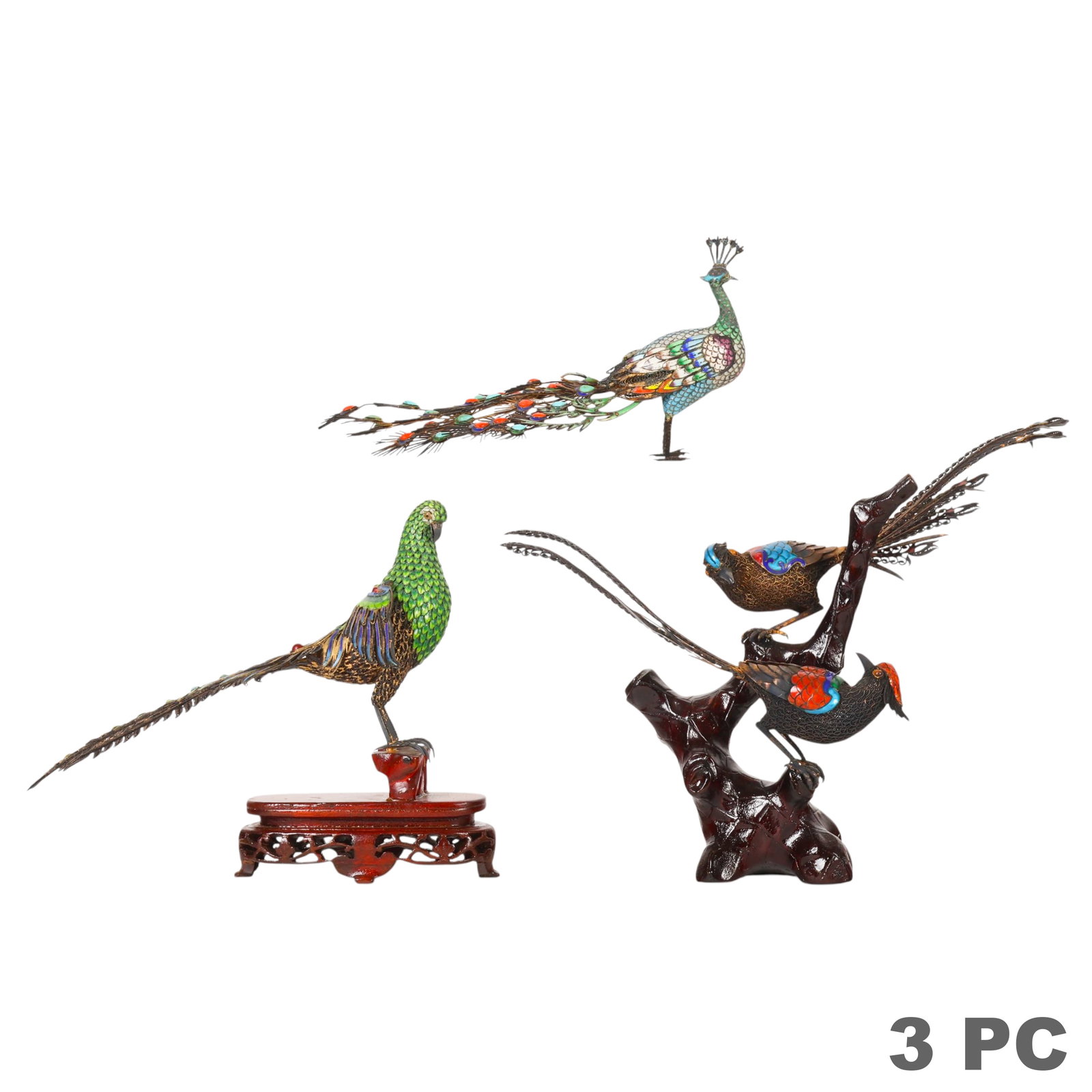 Chinese Enameled Filigree Silver Bird Figures 3pc (1 of 6)