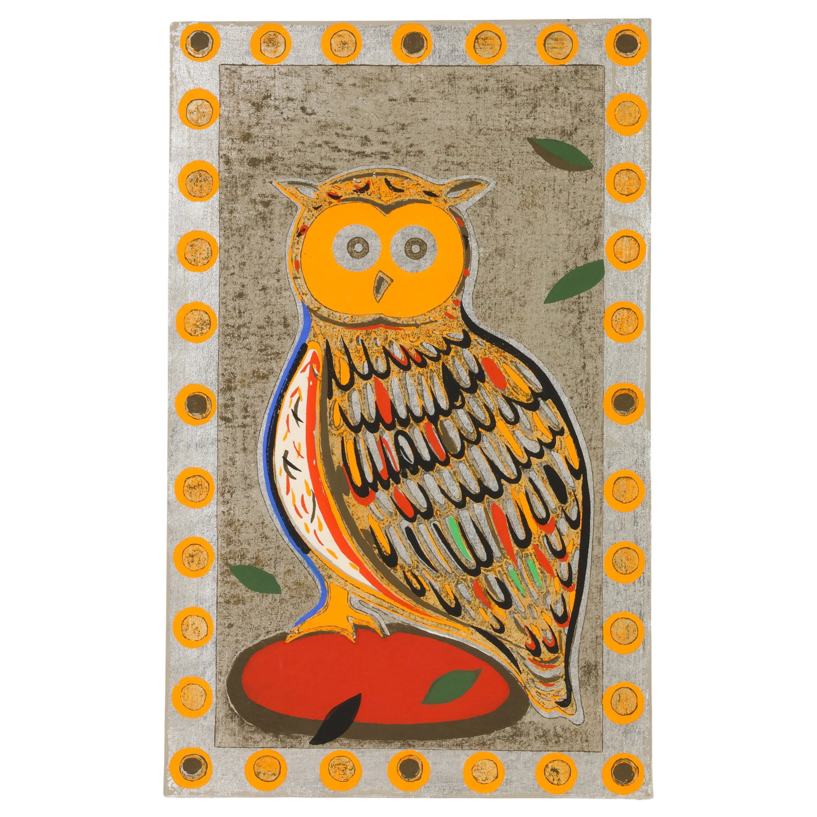 Yoshiharu Kimura b.1934 Owl Woodblock Print SIGNED: Yoshiharu Kimura (Japanese, born 1934), color woodblock print depicting a stylized owl against a silver ground with a border of circular motifs and scattered leaves. Pencil signed lower right "J. Kimu