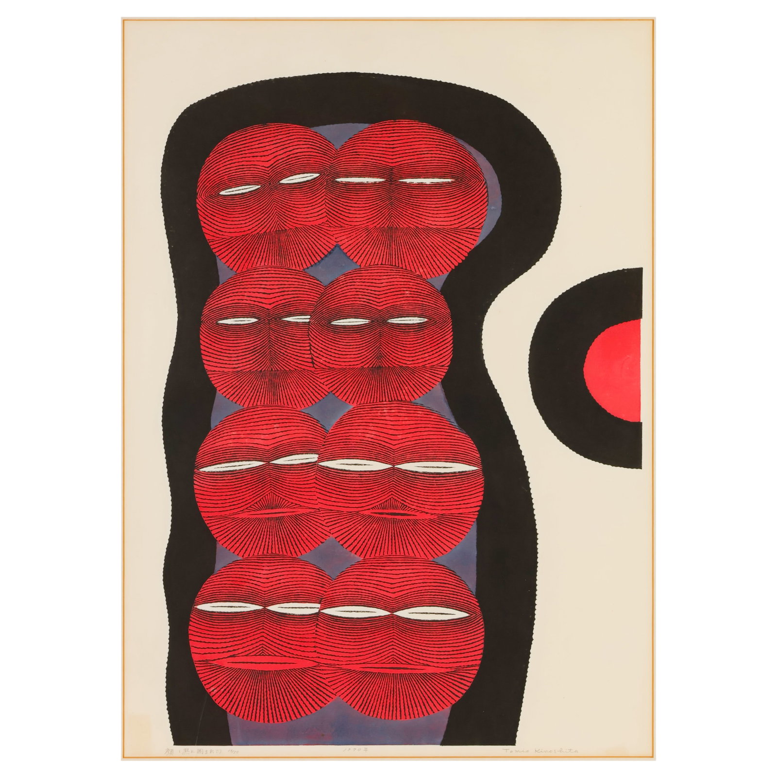 Tomio Kinoshita 1923-2014 Woodblock Print SIGNED: Tomio Kinoshita (Japanese, 1923-2014), Kuro no Kakomarete (Enclosed in Black), color woodblock print depicting stylized abstract faces rendered in pink and black with geometric purple forms. Pencil si