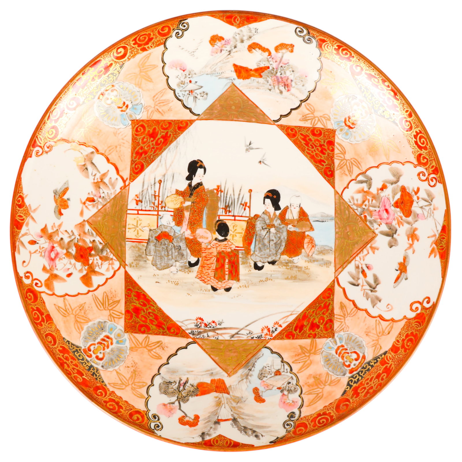 Japanese Satsuma Porcelain Figural Charger Plate: Japanese hand-painted Satsuma porcelain charger with gilt decoration, featuring a central figural scene of women and children in a garden landscape, surrounded by alternating landscape and floral