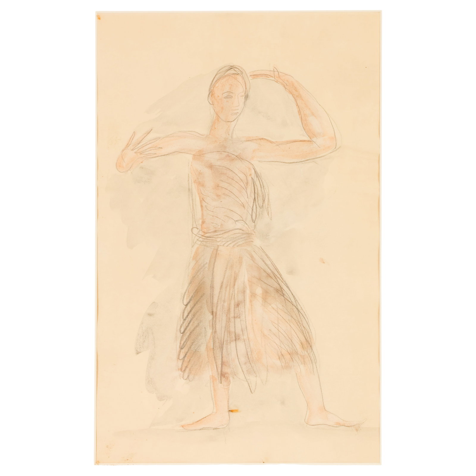Pencil Wash Drawing after Auguste Rodin 1840-1917: After Auguste Rodin (French, 1840-1917), pencil and wash drawing on paper depicting a standing draped female figure with raised arms. Presented under glass in a gilt wood frame. Approximate sight