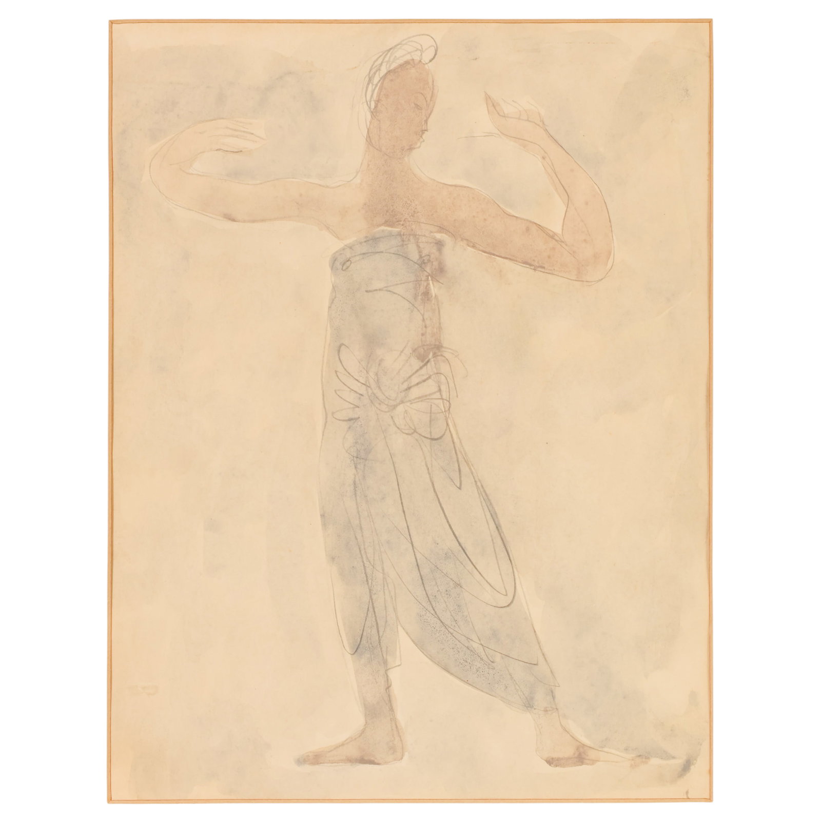 Pencil Wash Drawing after Auguste Rodin 1840-1917: After Auguste Rodin (French, 1840-1917), pencil and wash drawing on paper depicting a standing female figure in a blue draped robe. Presented under glass in a wood frame with a gilt liner. Approximate