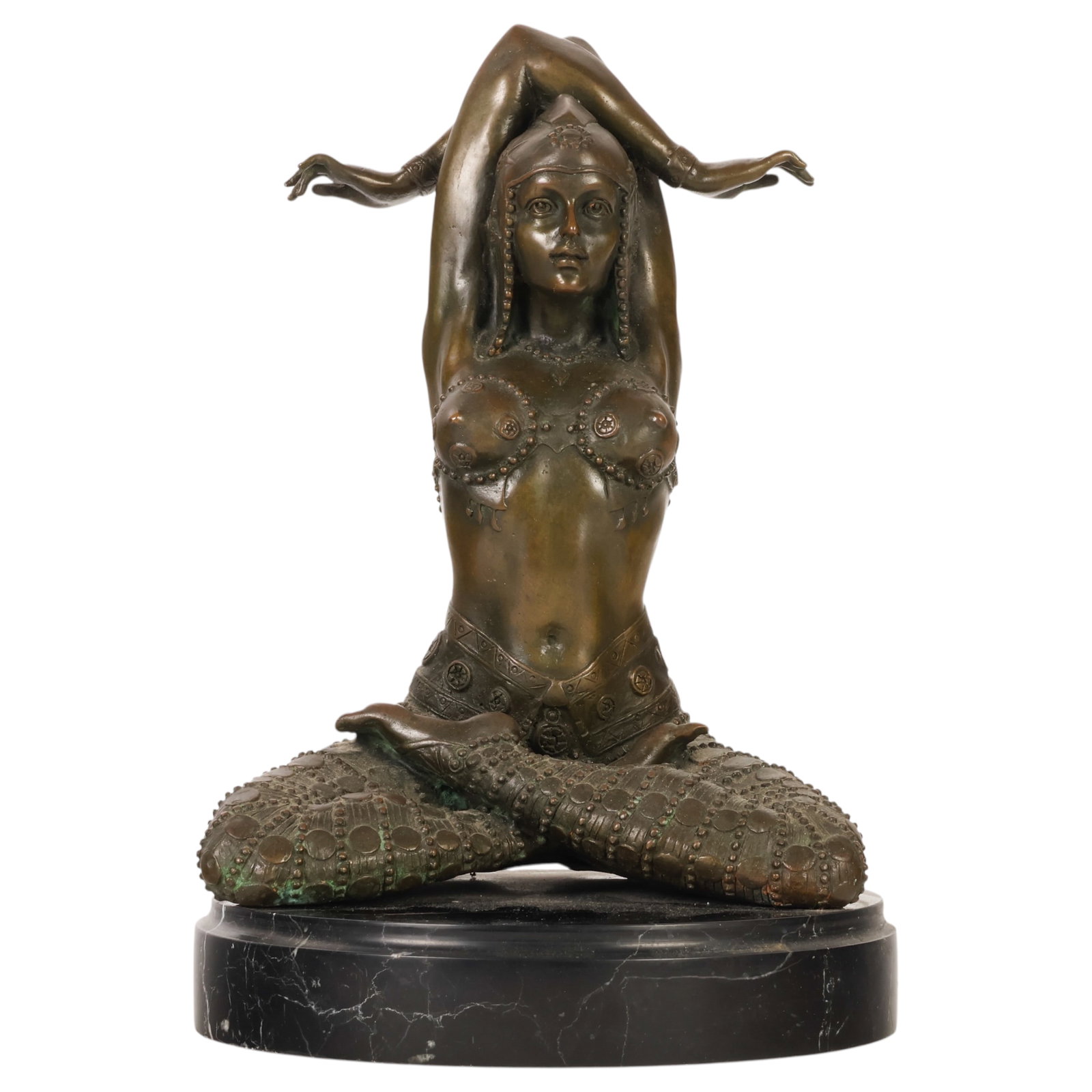 Bronze Dancer Sculpture after A. Leonard 1841-1923: After Agathon Leonard (French, 1841-1923), Art Deco Chiparus-style bronze figural sculpture depicting a semi-nude female seated in a cross-legged yoga pose with her arms crossed over her shoulders.