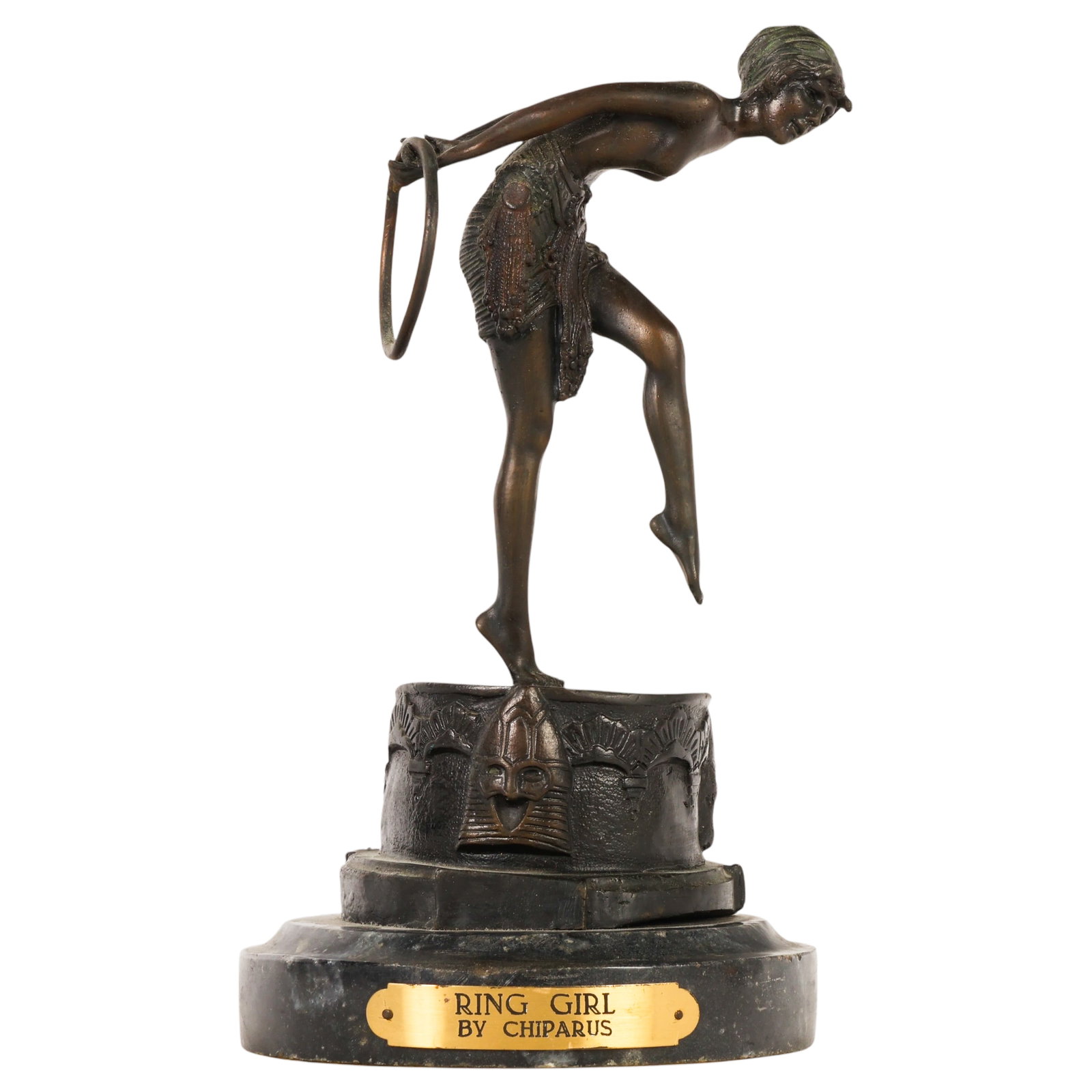 Bronze Ring Girl Dancer Sculpture after Chiparus: After Demetre H. Chiparus (Romanian/French, 1886-1947), Ring Girl, bronze figural sculpture depicting an Art Deco dancer balancing on one foot while holding a ring behind her back, mounted on a
