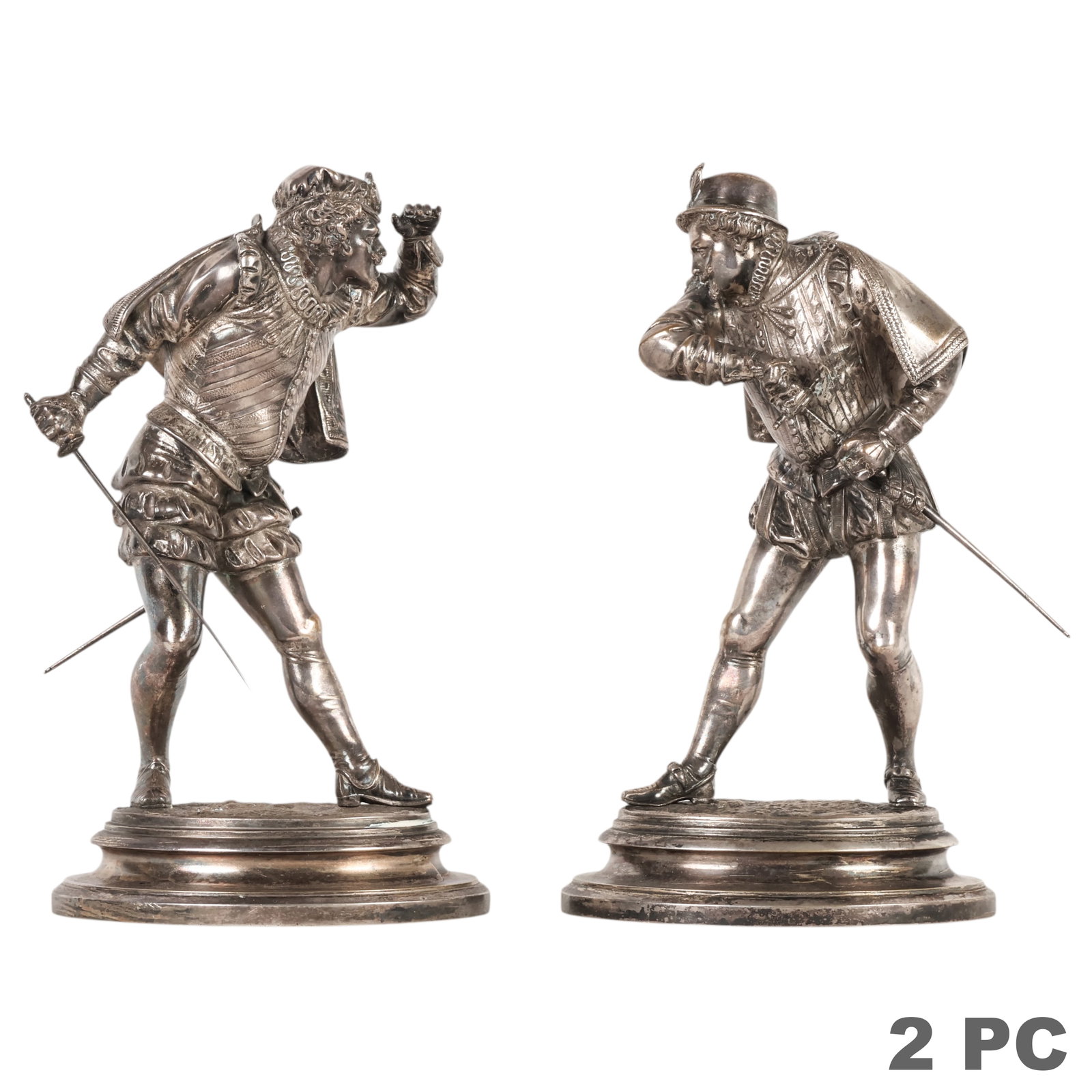 Silvered Bronze Duelist after Guillemin 1841-1907: After Emile Guillemin (French, 1841-1907), "Duel," pair of silvered bronze figural sculptures, each depicting a Renaissance-era duelist in 16th-century costume holding a sword and posed in opposing