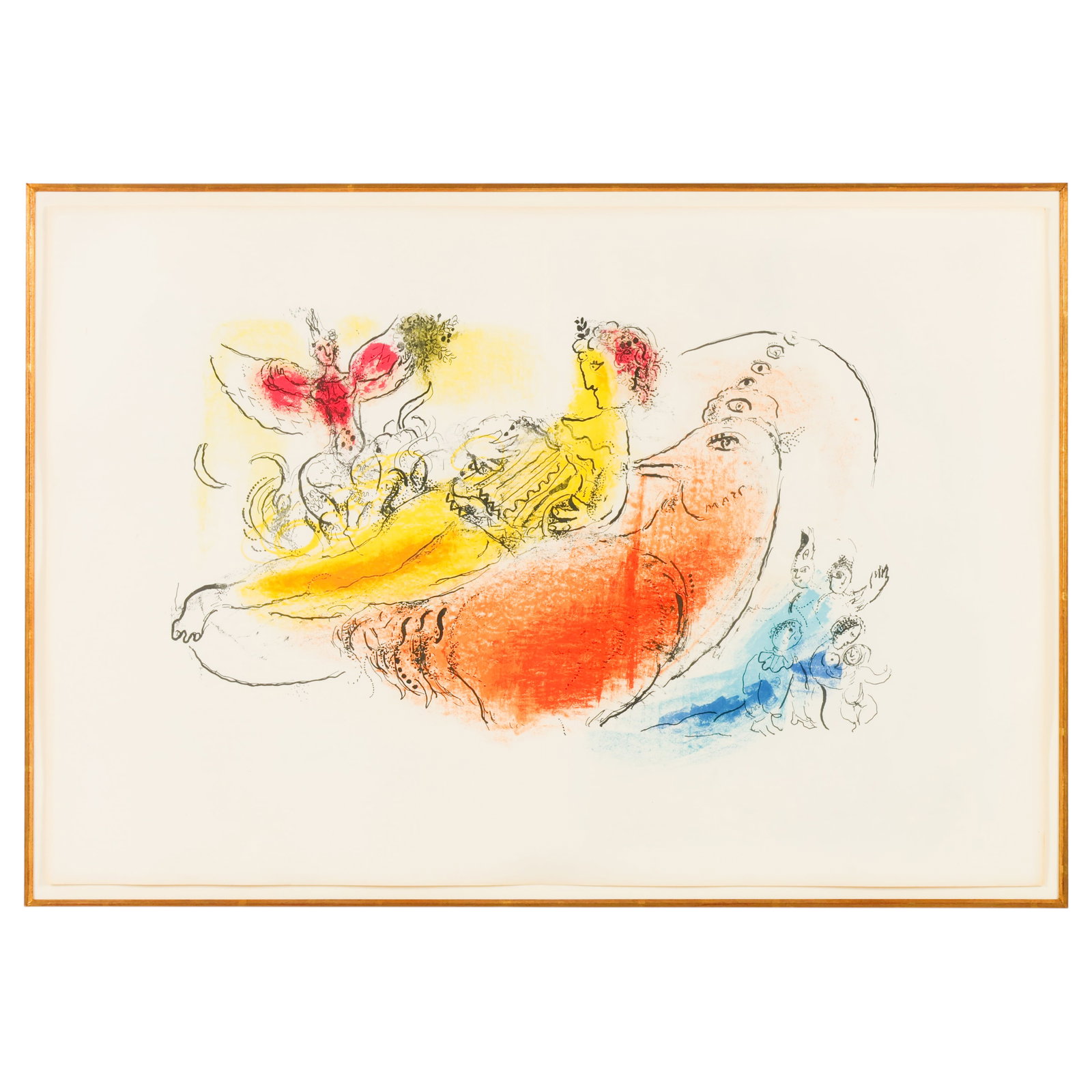 The Accordionist and Bookplate Litho after Chagall: After Marc Chagall (French/Russian, 1887-1985), L'Accordeoniste (The Accordionist), color lithograph on paper with accompanying black and white bookplate illustration. The color lithograph depicts
