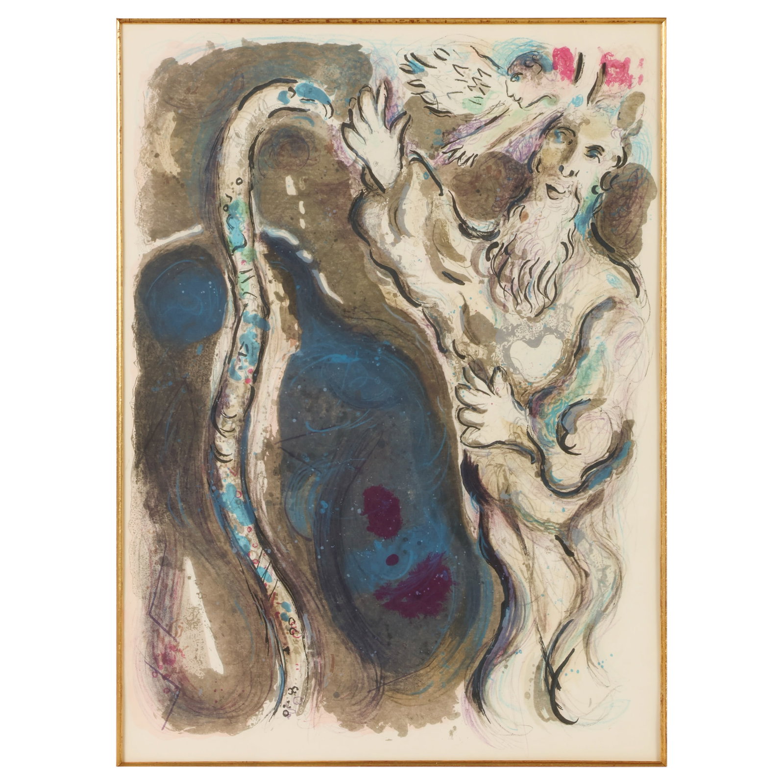 "Moses and The Serpent" Lithograph after Chagall: After Marc Chagall (French/Russian, 1887-1985), Moses and the Serpent, color lithograph on paper depicting the biblical scene of Moses raising the bronze serpent as figures look on, rendered in the