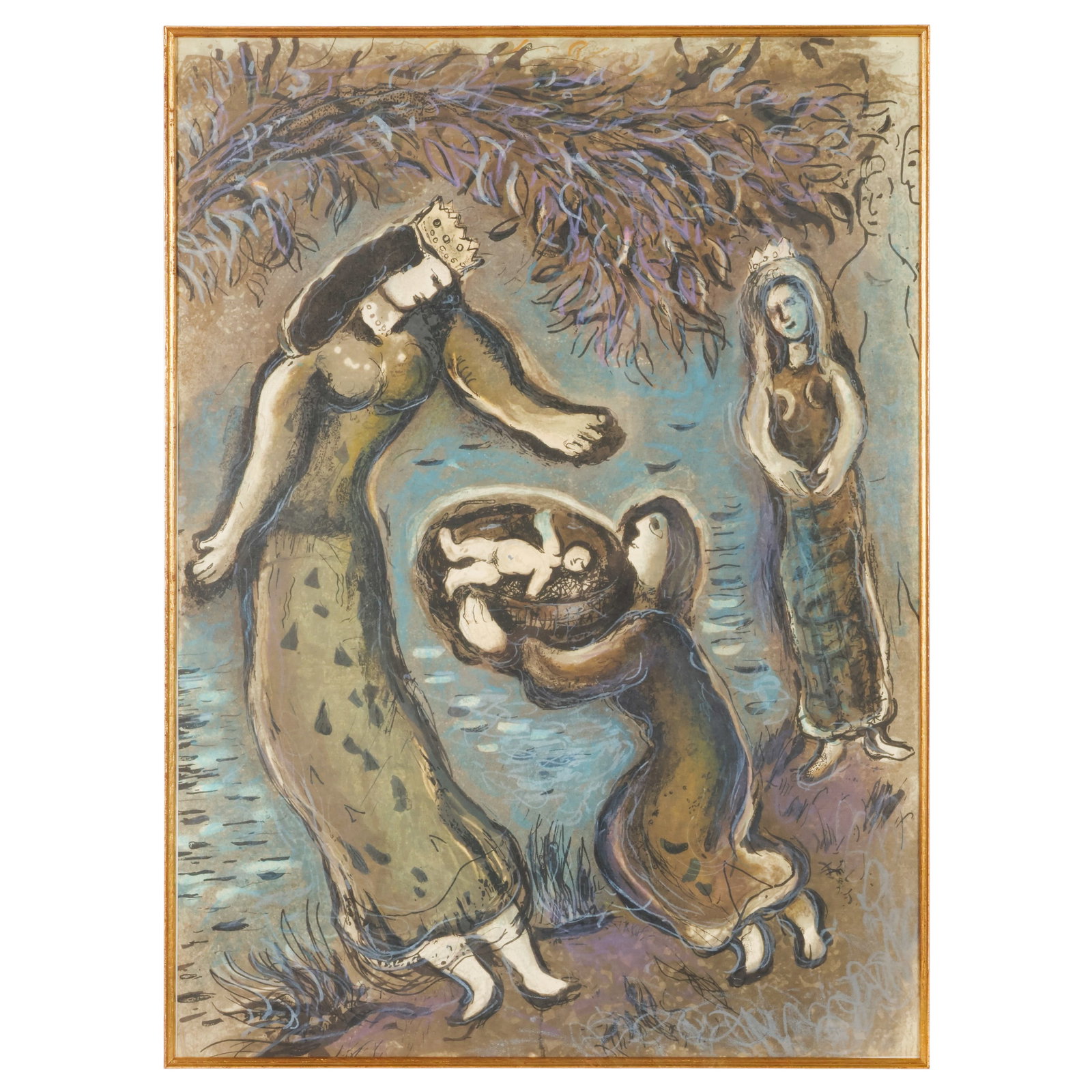 "Pharoahs Daughter" Litho after Chagall 1887-1985: After Marc Chagall (French/Russian, 1887-1985), Pharaoh's Daughter, color lithograph on paper depicting the biblical scene with floating figures and animals in the artist's characteristic style.