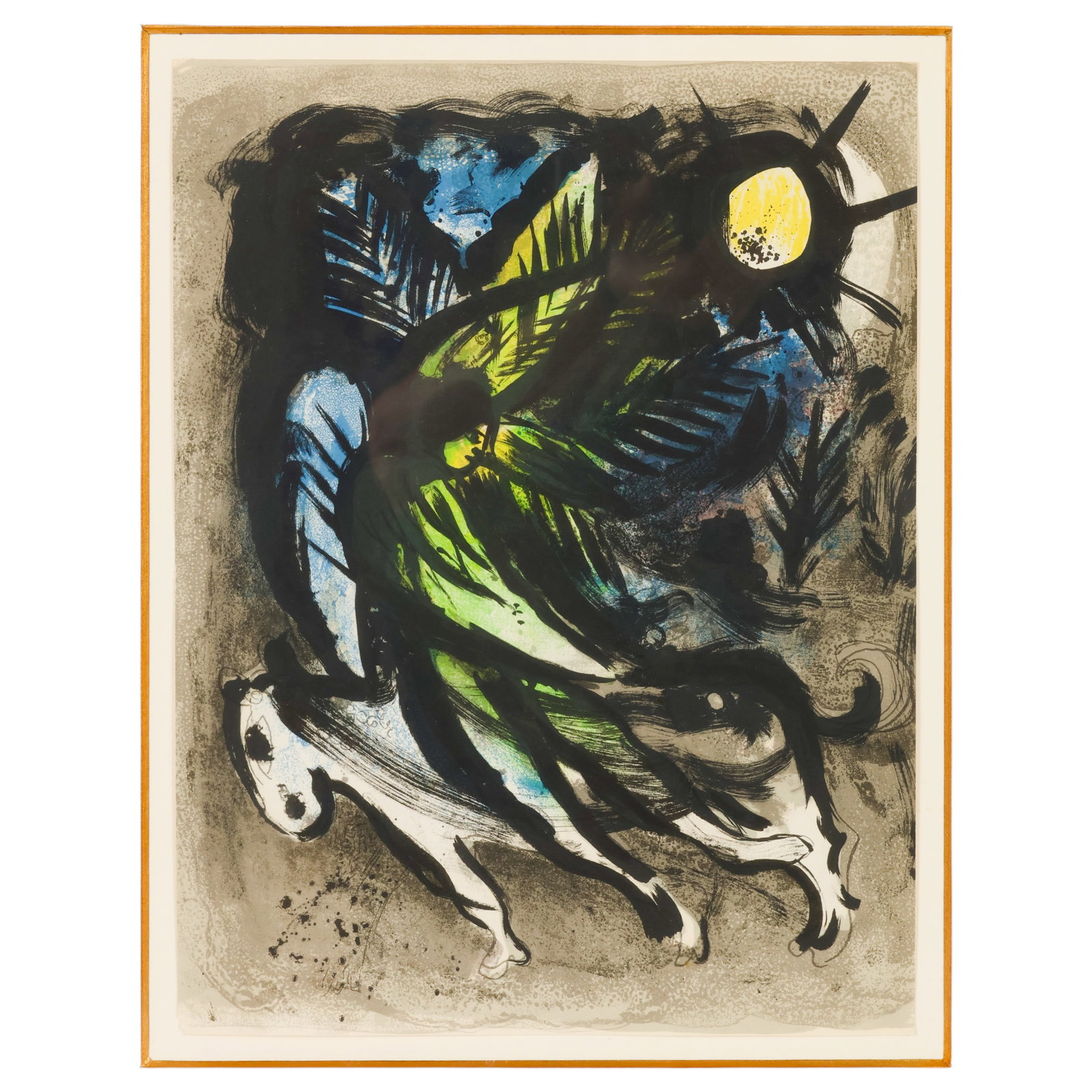 The Angel Lithograph after Marc Chagall 1887-1985: After Marc Chagall (French/Russian, 1887-1985), The Angel, color lithograph on paper depicting a winged angel soaring through a dreamlike landscape with flowing forms, luminous blues and greens, and