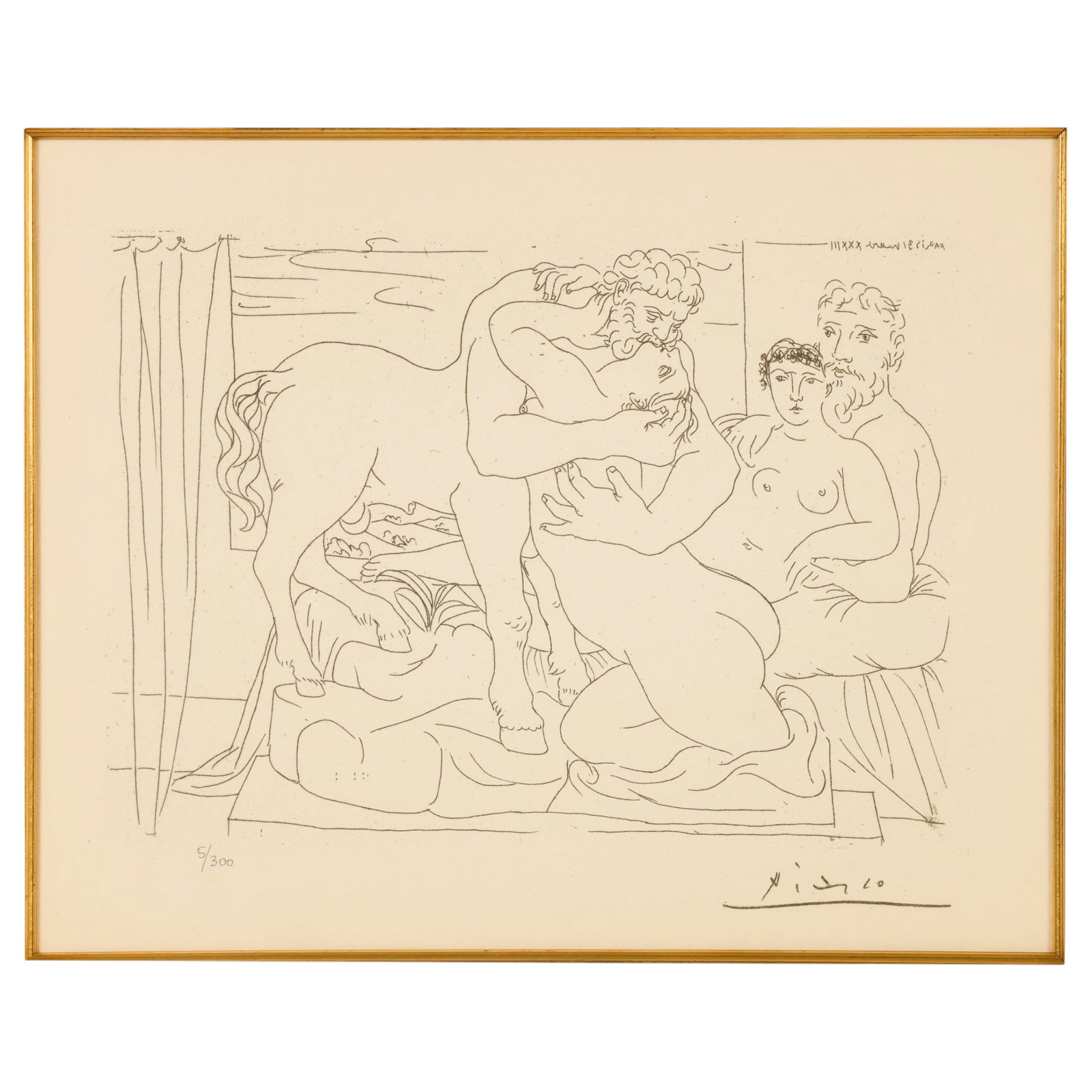 The Sculptor's Rest Etching after Pablo Picasso: After Pablo Picasso (Spanish, 1881-1973), Le Repos du Sculpteur, from the Suite Vollard series, etching on paper depicting a sculptor at rest with a reclining nude model, rendered in the artist's