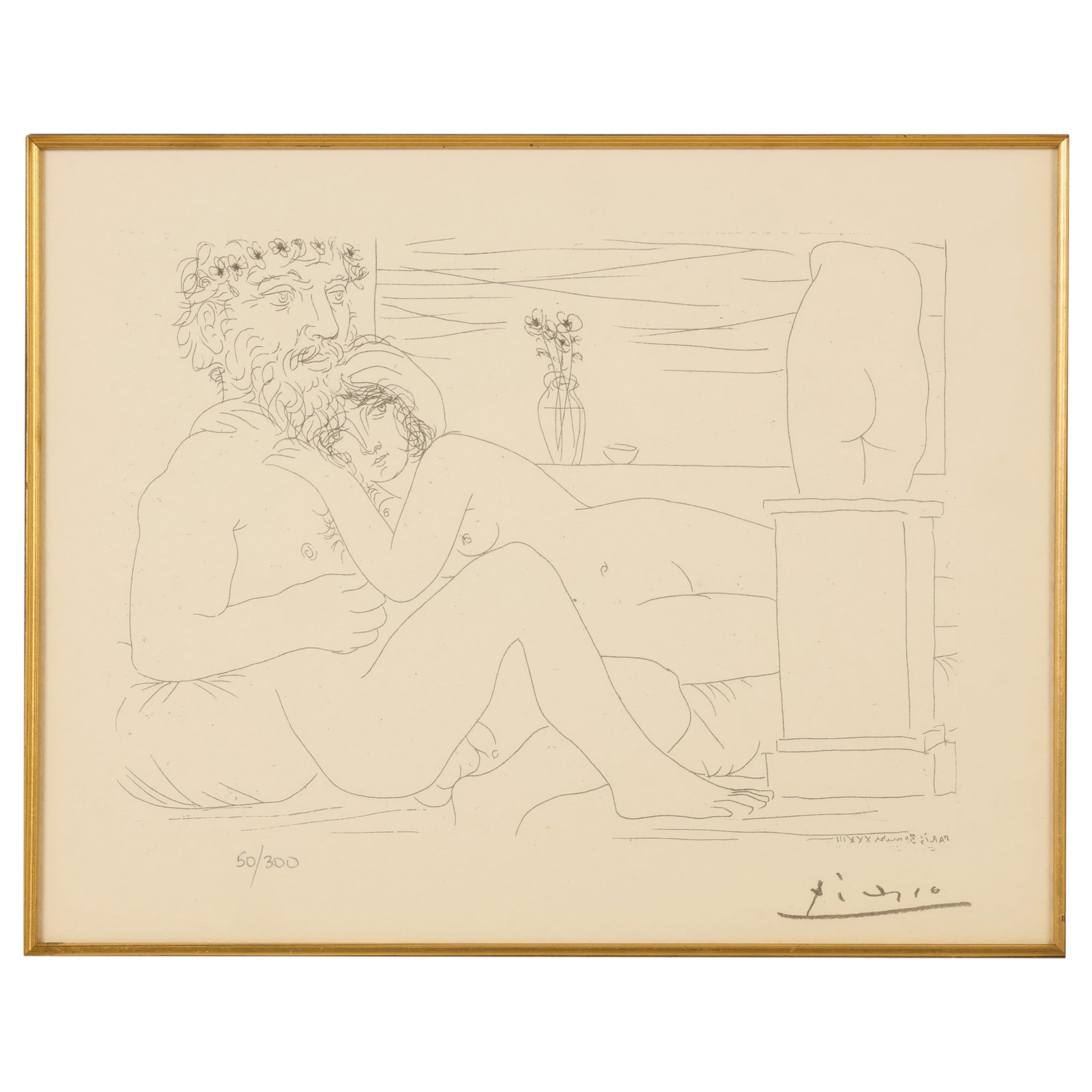 The Sculptor's Rest I Etching after Pablo Picasso: After Pablo Picasso (Spanish, 1881-1973), Le Repos du Sculpteur (The Sculptor's Rest), from the Suite Vollard series, etching on paper depicting a sculptor at rest with a reclining nude model,