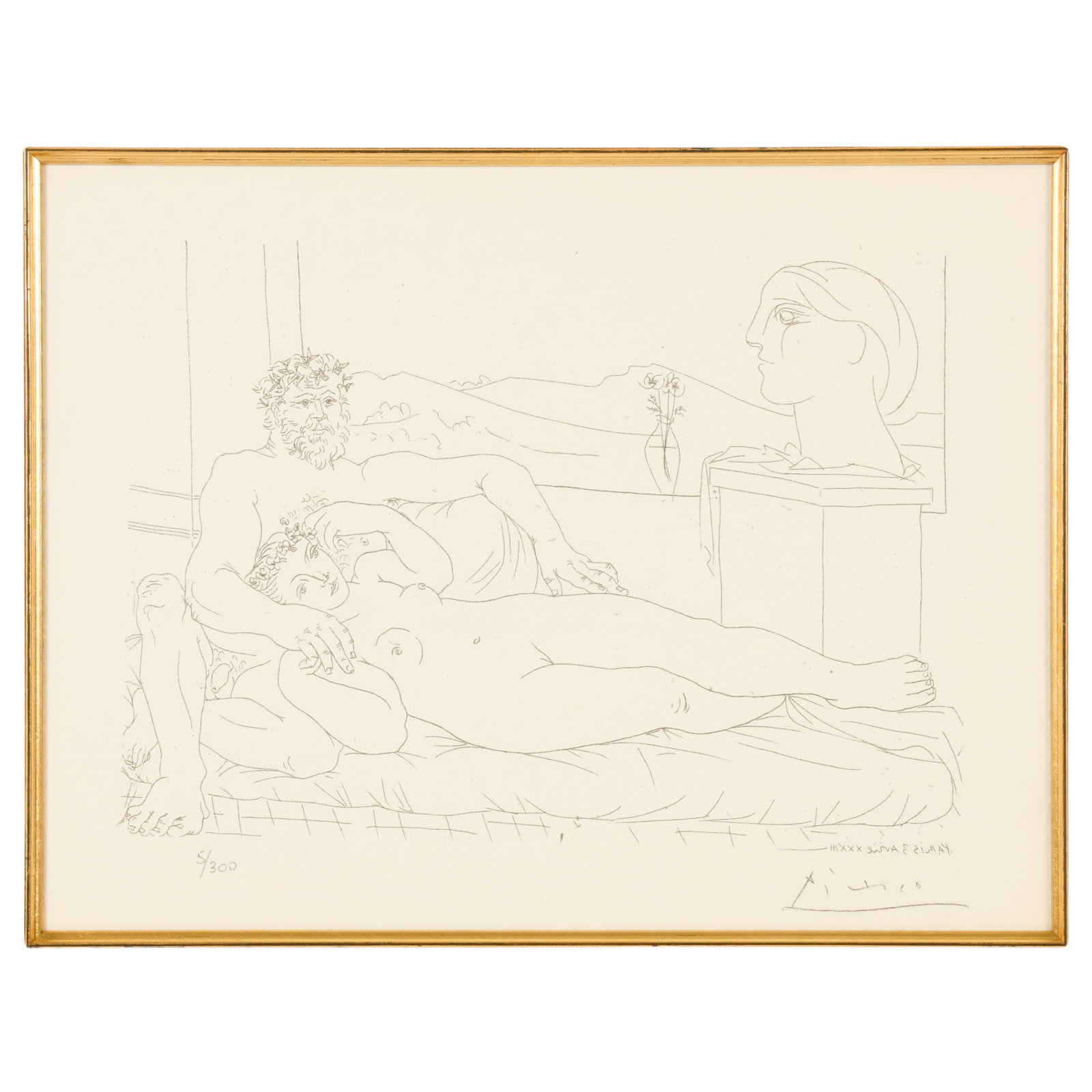 The Sculptor's Rest II Etching after Pablo Picasso: After Pablo Picasso (Spanish, 1881-1973), Le Repos du Sculpteur II, from the Suite Vollard series, etching on paper depicting a sculptor at rest with a reclining nude model, rendered in the artist's