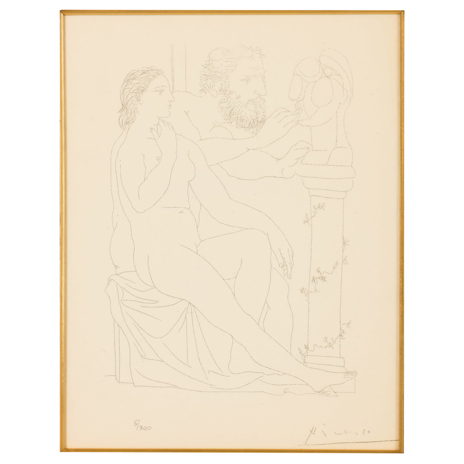 Sculpture and Bust Etching after Picasso 1881-1973: After Pablo Picasso (Spanish, 1881-1973), Sculpteur, Modele et Buste (Sculptor, Model and Bust), from the Suite Vollard series, etching on paper depicting a sculptor at work with his model and sculpte