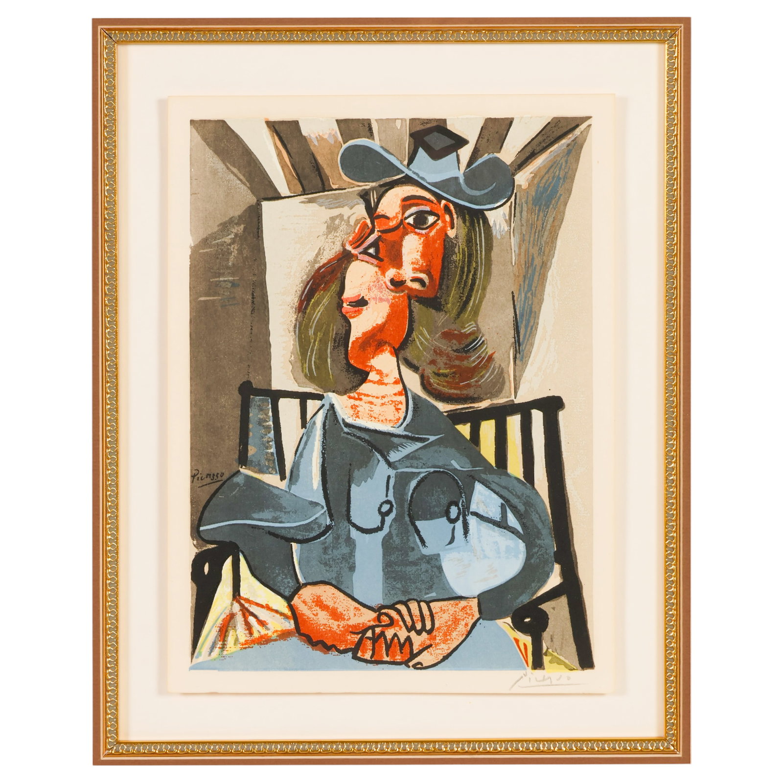 "Girl in Chair" FRAMED Print after Pablo Picasso: Color serigraph after Pablo Picasso (Spanish, 1881-1973), titled Girl in Chair (The Couple, Seated Woman, Femme en Bleu). Depicts a seated female figure rendered in the artist's iconic Cubist style. B