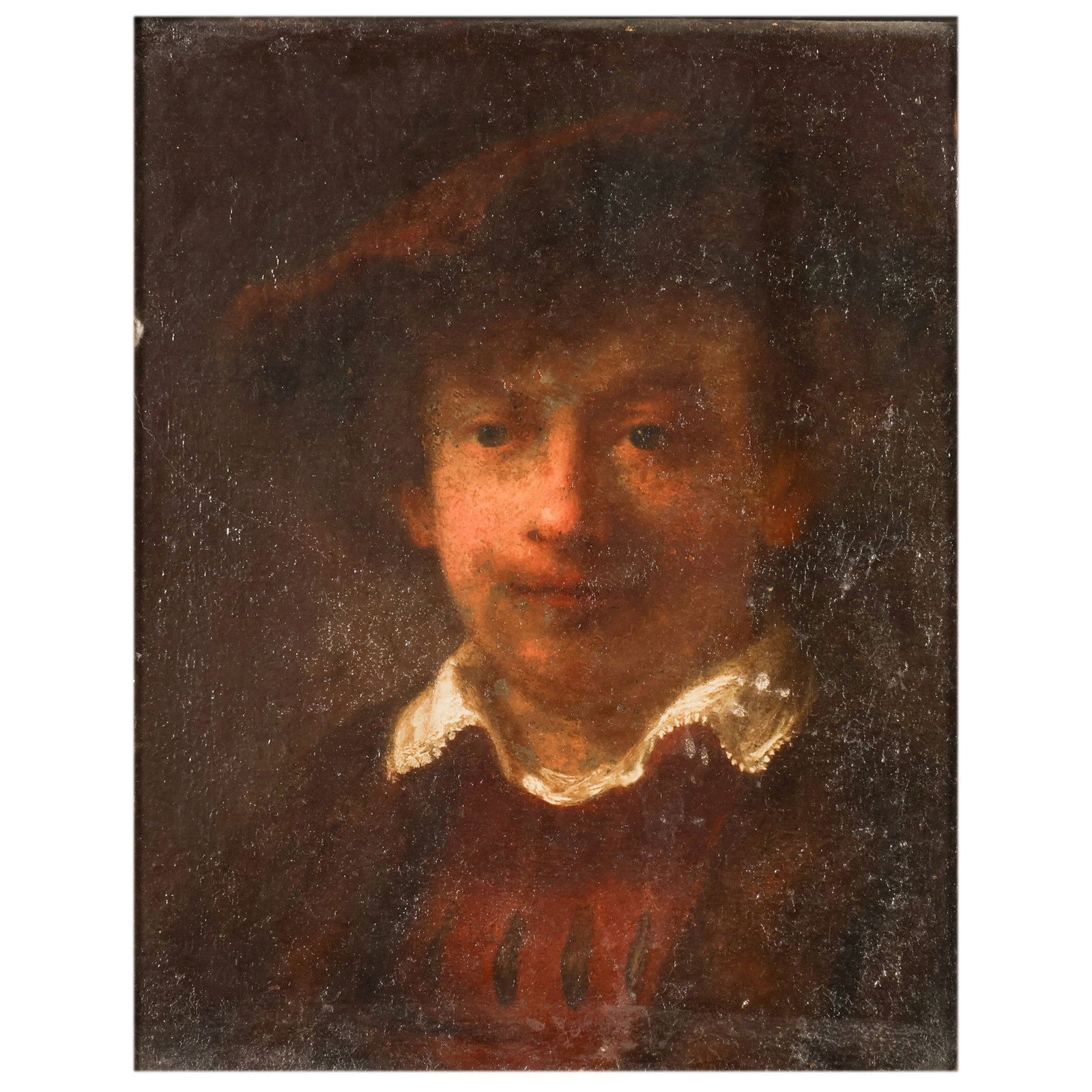 Antique Self Portrait Oil Painting after Rembrandt: After Rembrandt van Rijn (Dutch, 1606-1669), oil on canvas depicting a bust-length self-portrait of the artist wearing a dark cap and white collar against a dark background, after the artist's 1643 se