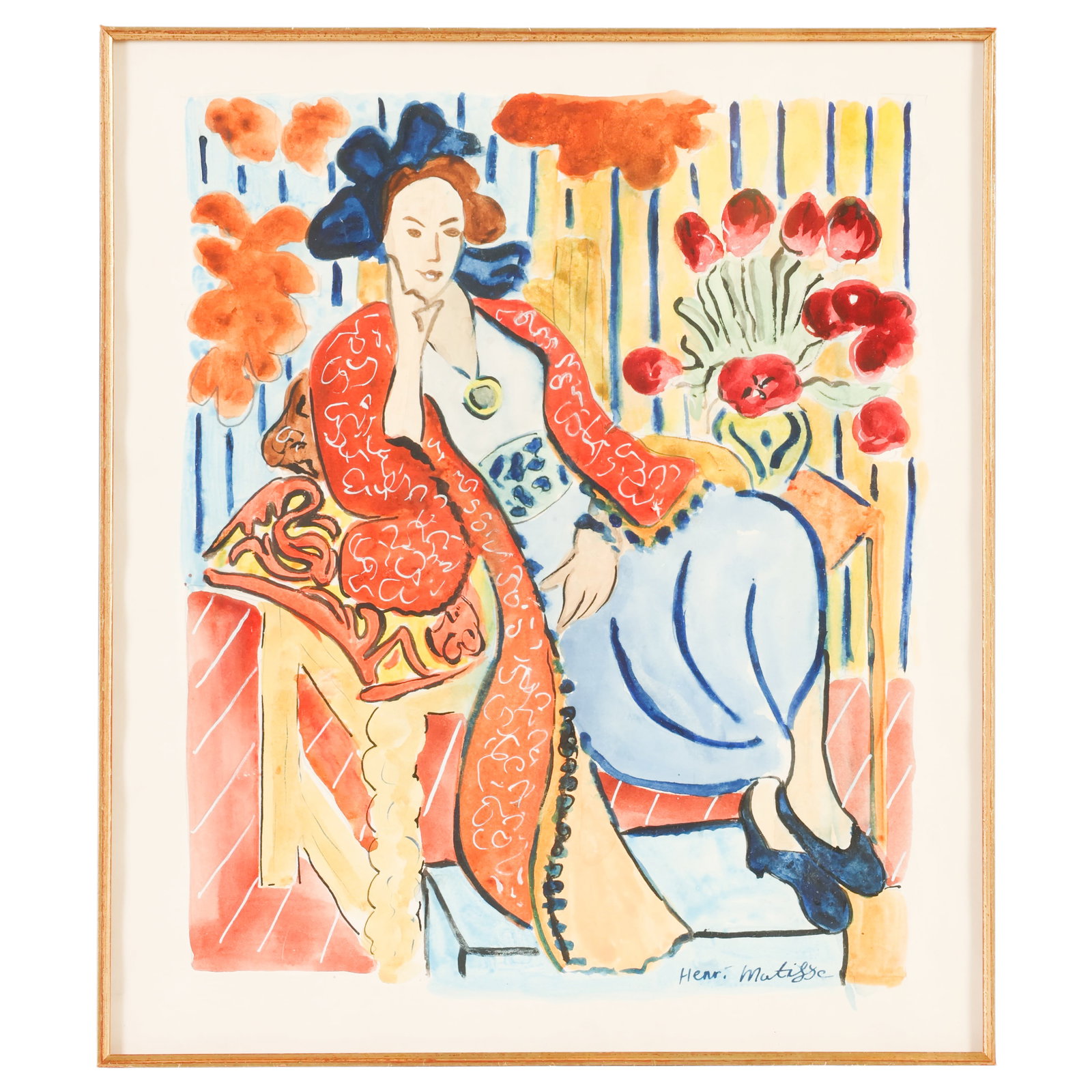 Woman in a Room Scene Painting after Henri Matisse: After Henri Matisse (French, 1869-1954), gouache on paper depicting a seated female figure in an interior with fruit, decorative textiles, and patterned furnishings. Signed lower left, "Henri Matisse.