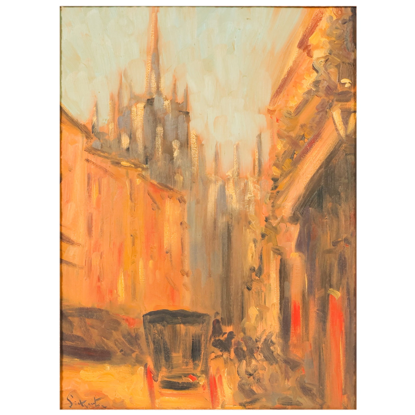 Cityscape Painting after Walter Sickert 1860-1942: After Walter Richard Sickert (British, 1860-1942), oil on board depicting a city street scene with a horse-drawn carriage, Gothic cathedral spires, and architectural facades. Signed lower left "Sicker