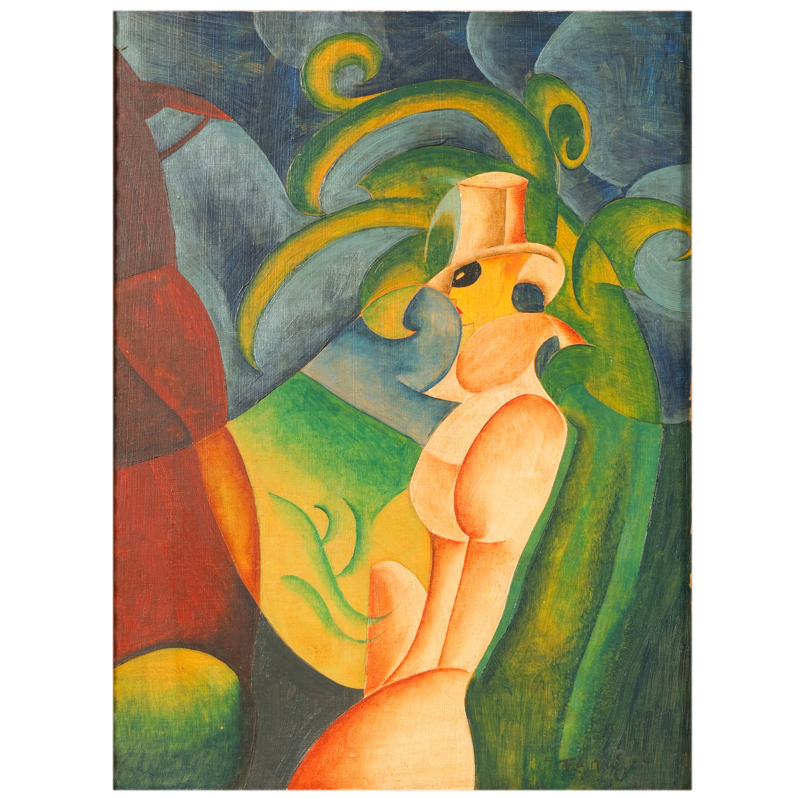 Cubist Painting after Lyonel Feininger 1871-1956: After Lyonel Charles Adrian Feininger (American/German, 1871-1956), oil on wood panel depicting a Cubist-style figure wearing a top hat and masquerade mask surrounded by abstract forms. Signed lower r