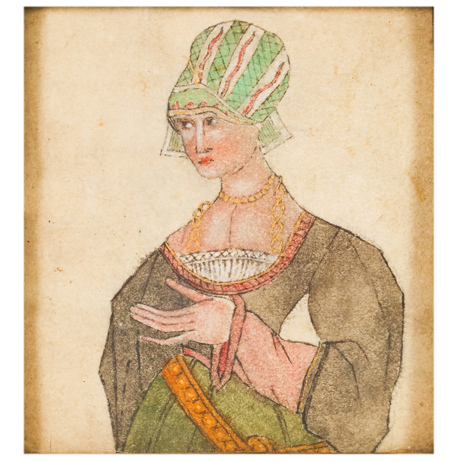 Portrait of a Maiden after Hans Holbein 1497-1543: After Hans Holbein the Younger (German, 1497-1543), portrait on vellum depicting a finely dressed lady in Renaissance attire with a green and white headdress and jewelry. Presented under glass in an o