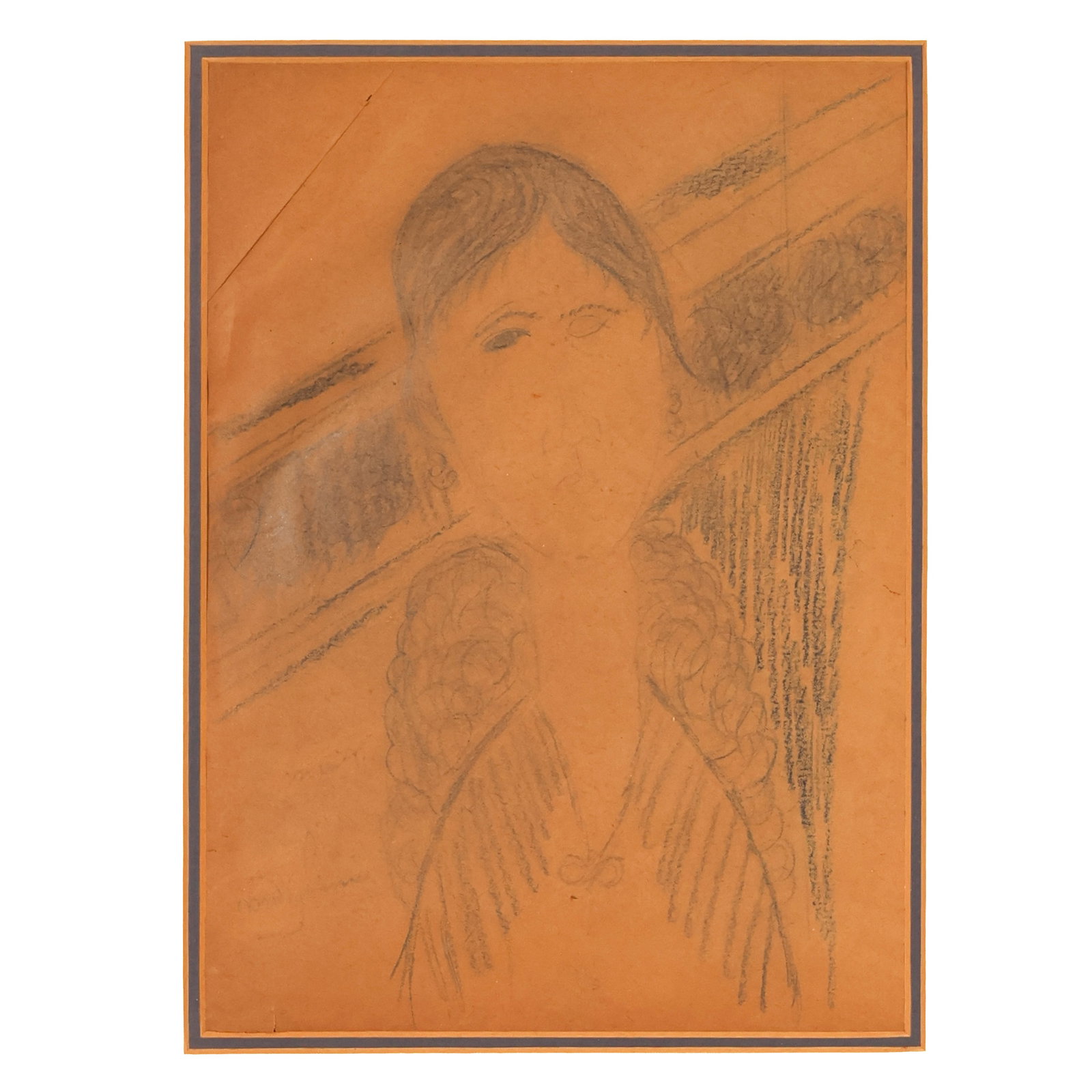 Portrait Pencil Drawing after Amedeo Modigliani: After Amedeo Modigliani (Italian, 1884-1920), Head of a Girl, pencil drawing on paper depicting a female portrait in the artist's distinctive style. Signed lower left. A brass nameplate bearing the ti