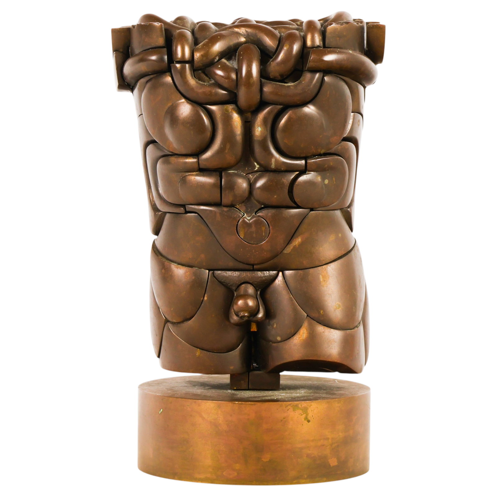 Miguel Ortiz Berrocal 1933-2006 Goliath Sculpture: Miguel Ortiz Berrocal (Spanish, 1933-2006), Goliath, 1972, articulated puzzle sculpture in brass depicting a stylized male torso, composed of approximately 79 interlocking removable elements. From an 