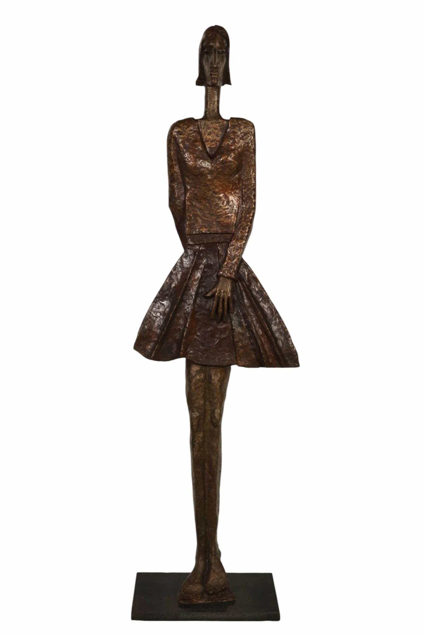 Graham Knuttel 1954-2023 Bronze Dancer Sculpture: Graham Knuttel (Irish, 1954-2023), bronze sculpture depicting a highly elongated standing female Irish "Riverdance" figure in a stylized dress, with her arms held close to the body and bare feet. Moun