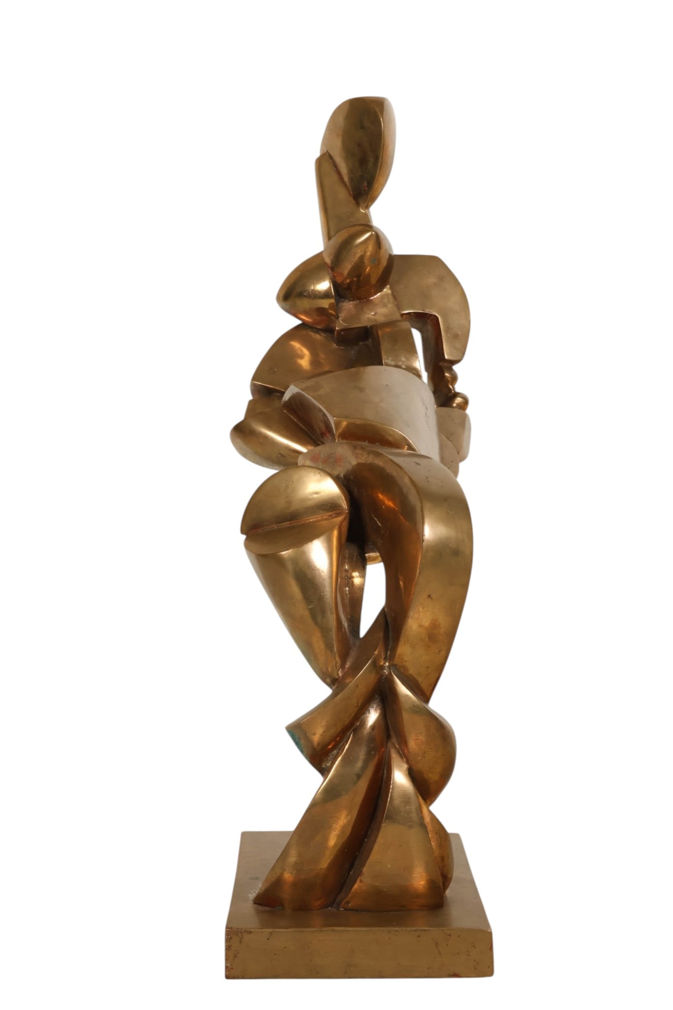 Kim James 1928-2011 Modernist LE Bronze Sculpture: Kim James (British, 1928-2011), modern abstract bronze sculpture composed of dynamically arranged geometric and biomorphic forms, raised on a rectangular bronze base. The composition reflects Cubist a