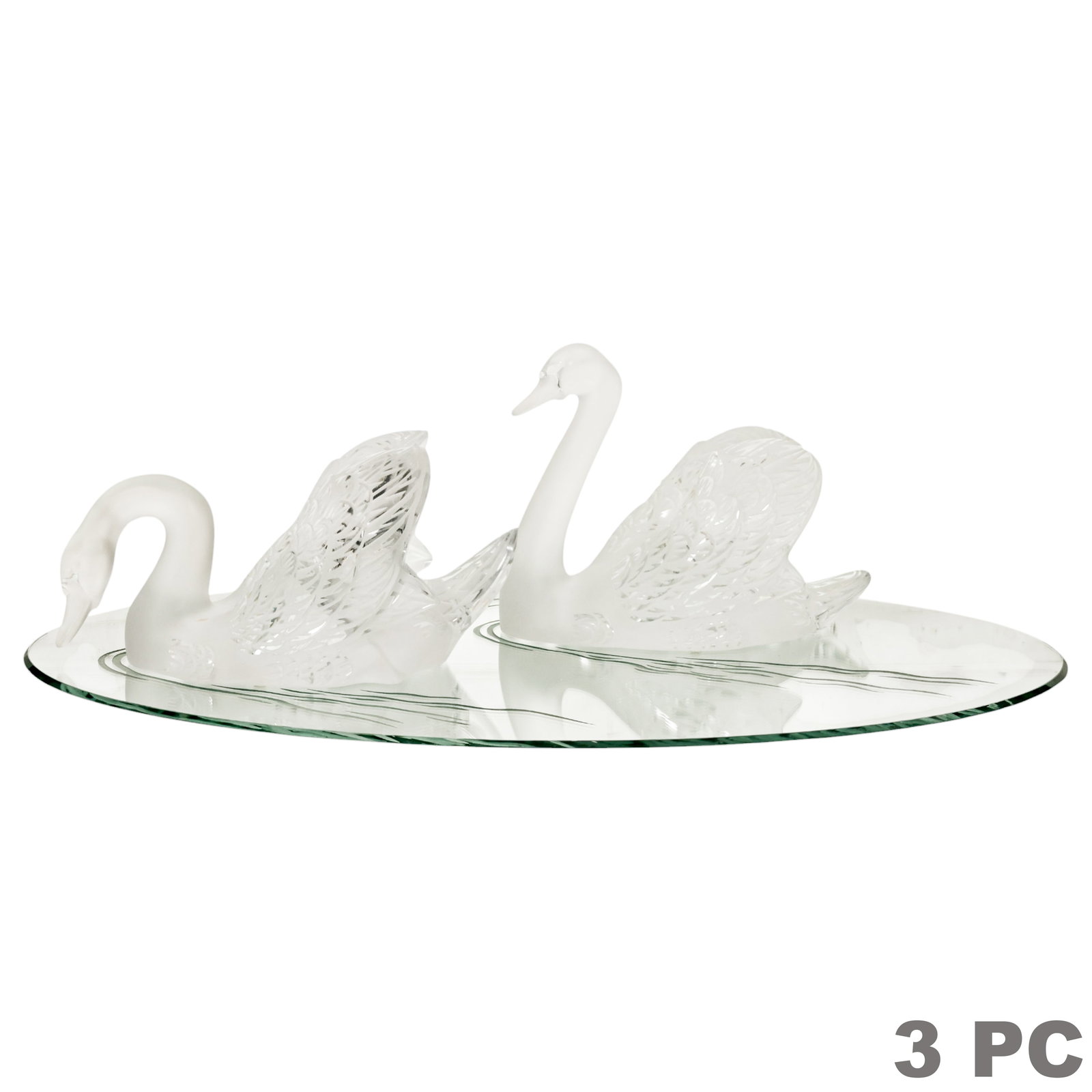 Lalique Miroir Cygnes Crystal Swans w/ Mirror SET: hree-piece Lalique Miroir Cygnes French crystal display group comprising two swan sculptures and one coordinating oval mirrored glass plateau. The sculptures include Cygne Tete Levee with raised head 