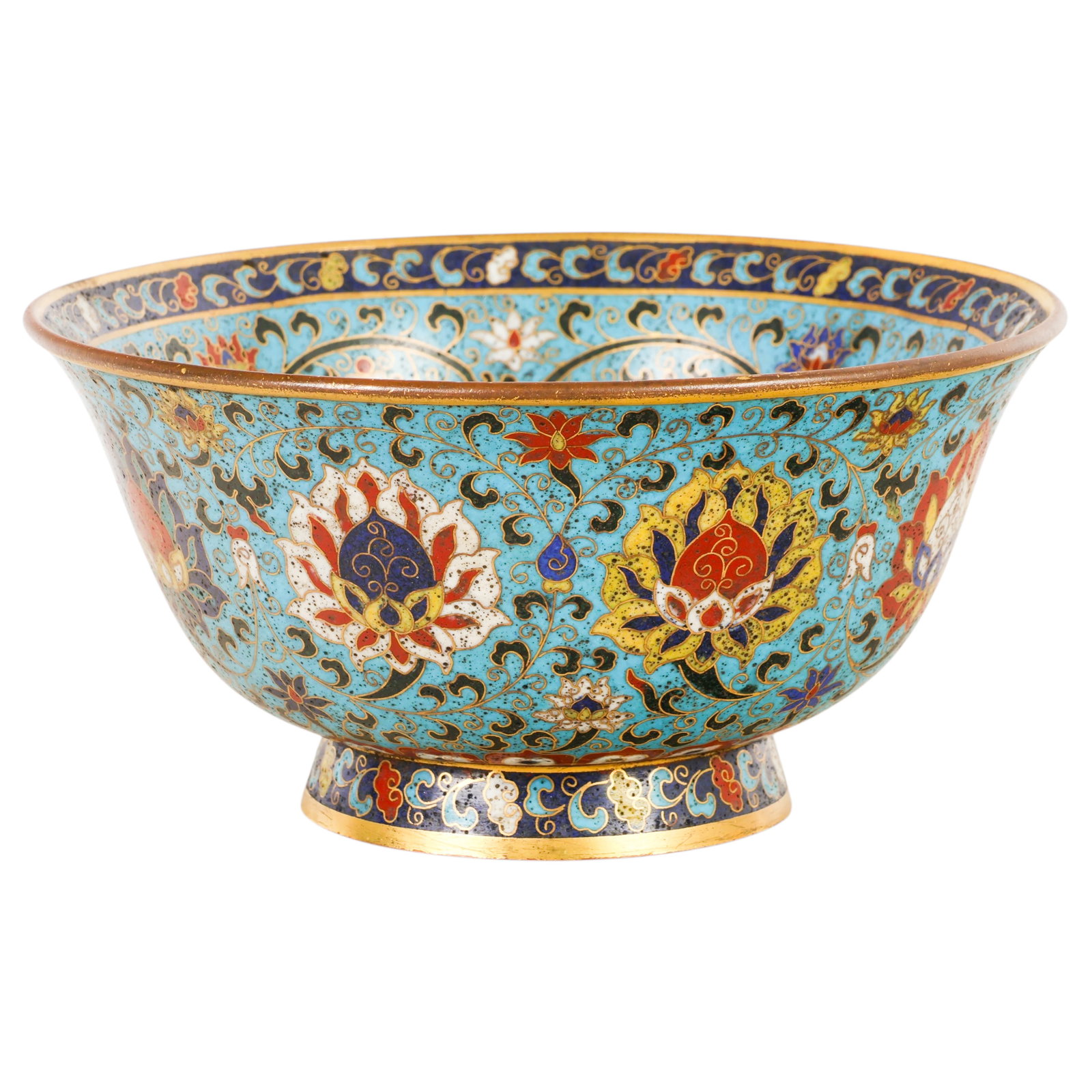 Chinese 17C Cloisonne Enamel Eight Treasures Bowl: Antique Chinese cloisonne enamel bowl, attributed to the 16th-17th century, of deep rounded form on a short circular foot. Decorated in polychrome enamels on a turquoise ground with scrolling lotus an