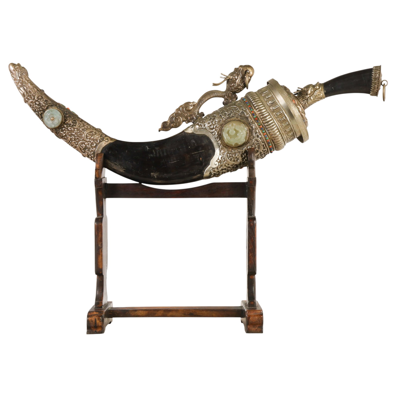 Tibetan Silver Horn Jade & Hardstone Inlay Dagger (1 of 7)