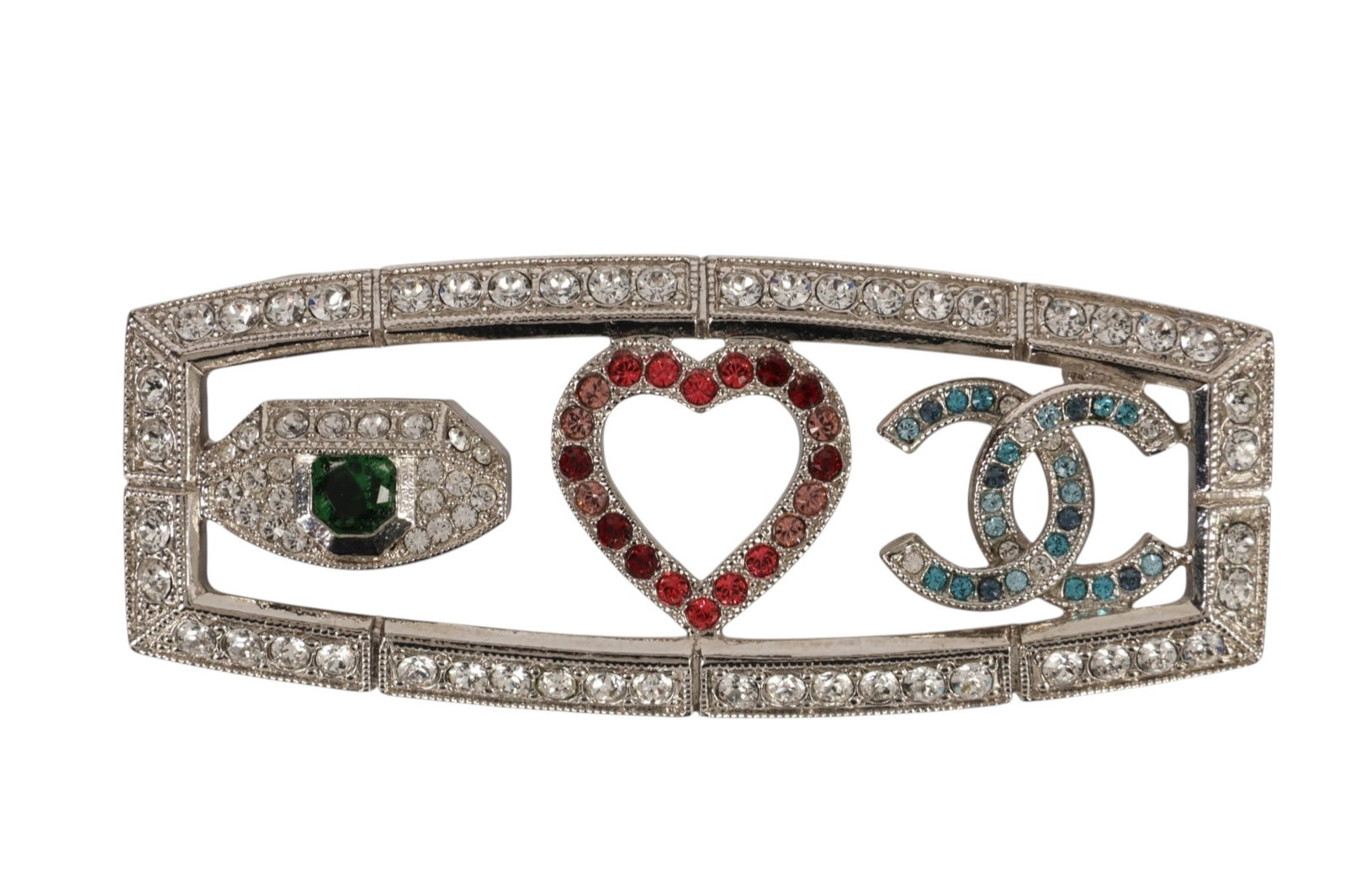 Chanel Strass Eye Heart CC Rhinestone Brooch Pin: Chanel Strass Eye Heart CC brooch from Karl Lagerfeld's Fall 2016 collection, designed in a rectangular Art Deco-inspired silver-tone metal frame set throughout with clear rhinestone crystals. Centere