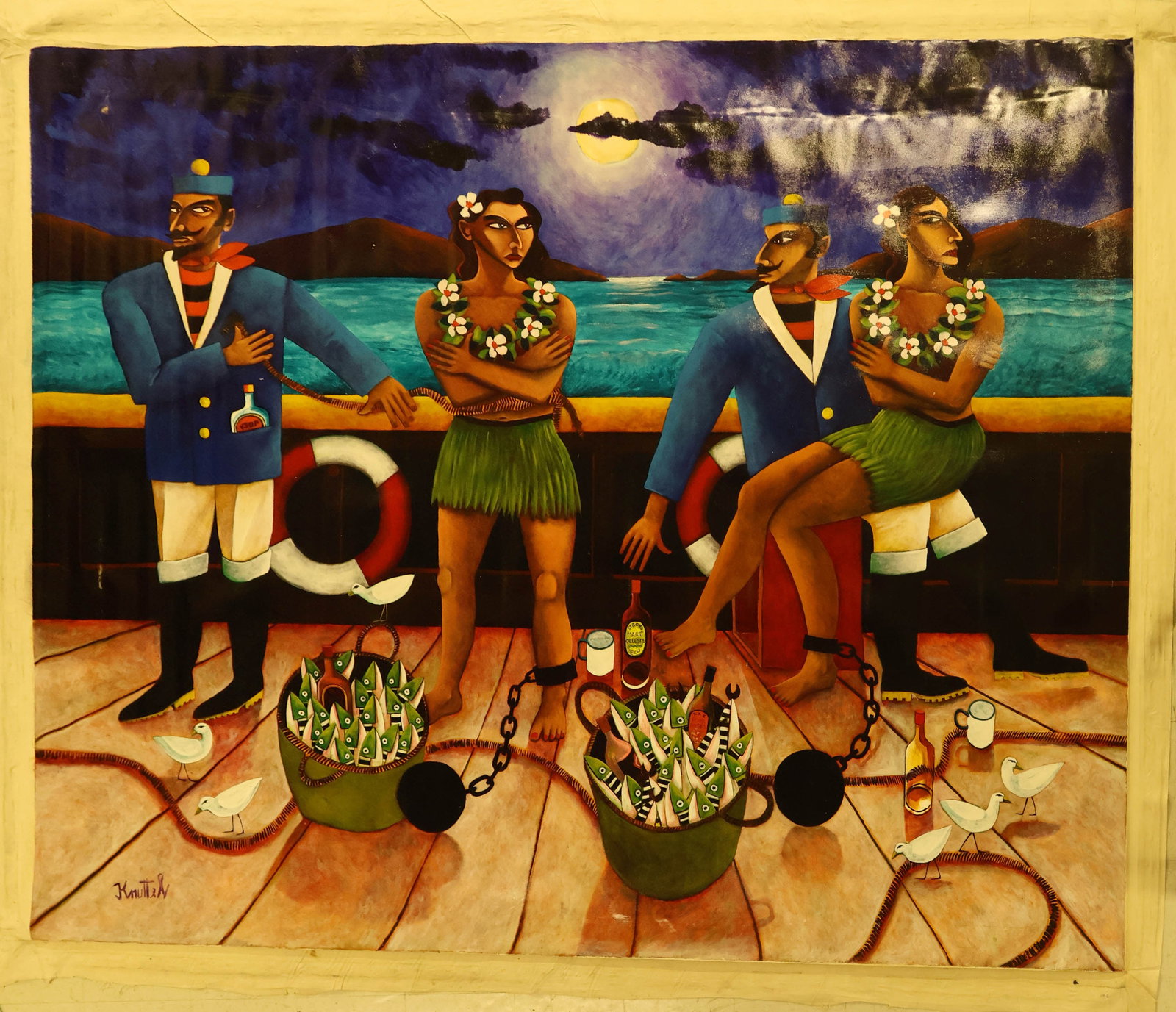 Graham Knuttel 1954-2023 Maritime Figural Painting: Graham Knuttel (Irish, 1954-2023), oil on canvas depicting a nocturnal maritime scene with sailors and Polynesian figures aboard a ship, accompanied by baskets of fish, seabirds, nautical elements, an