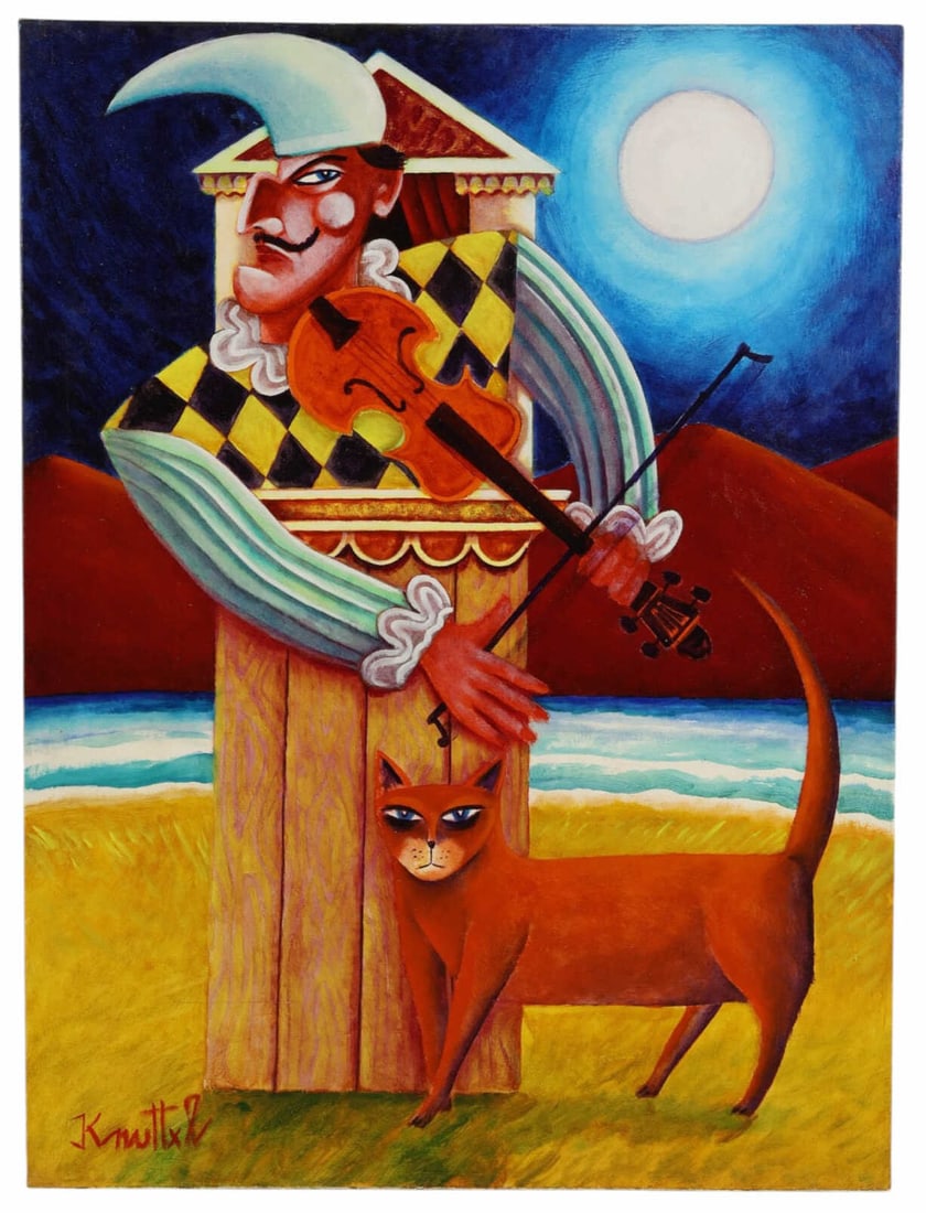 Graham Knuttel 1954-2023 Violinist & Cat Painting: Graham Knuttel (Irish, 1954-2023), oil on canvas depicting a stylized harlequin-costumed violinist standing beside a cat beneath a luminous moonlit sky, rendered in the artist's distinctive figurative