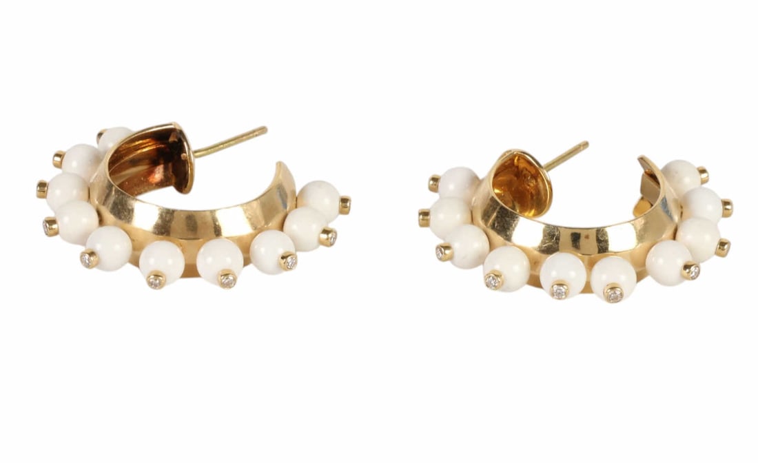 18k Onyx & Diamond Aletto Bros. Designer Earrings: Aletto Brothers 18K yellow gold, white onyx, and diamond beaded half-hoop earrings, crafted in polished 18K yellow gold and accented along the lower edge with articulated white onyx beads, several ter