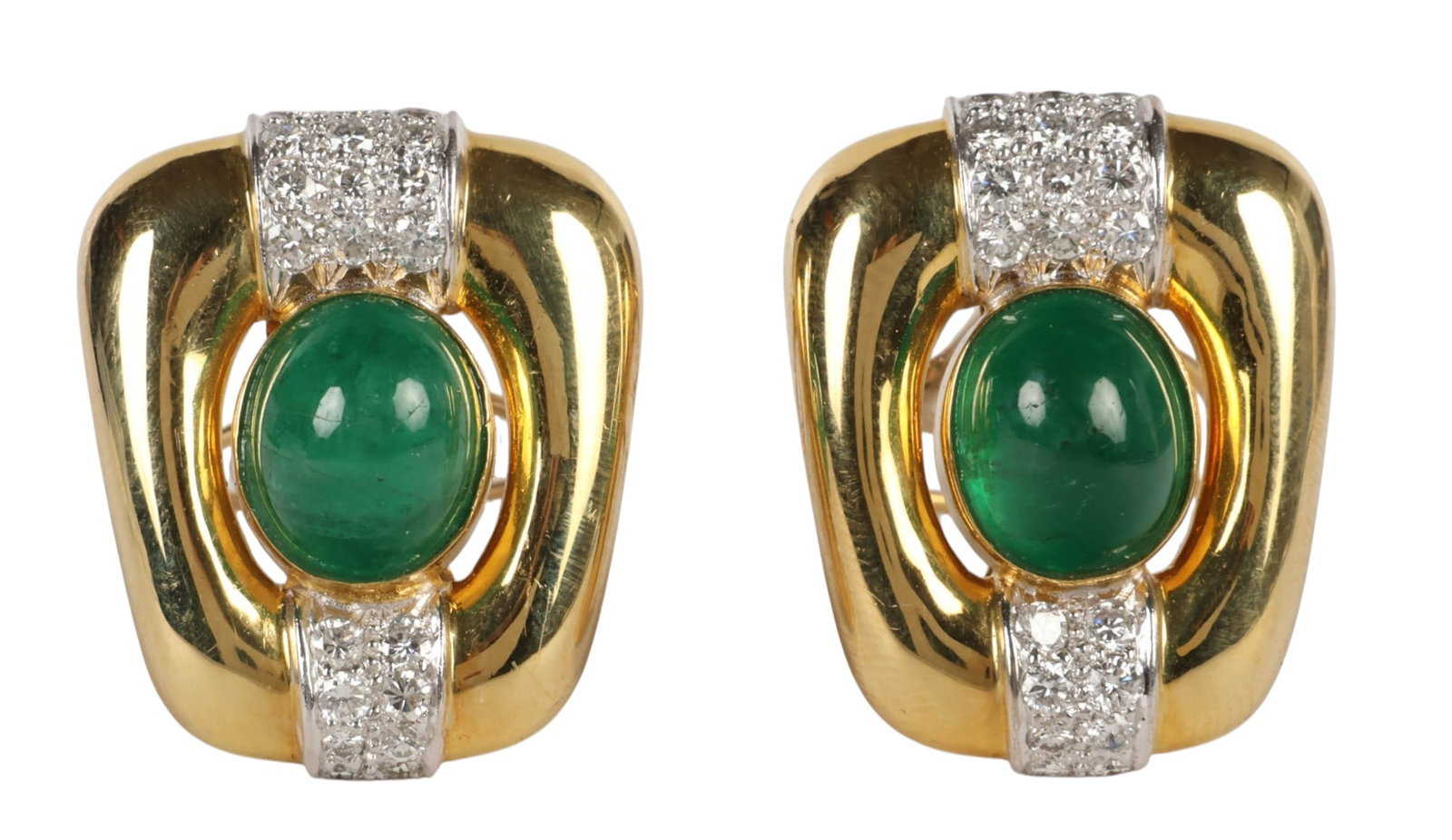 18k Yellow Gold Cabochon Emerald Diamond Earrings: 18K yellow and white gold emerald and diamond earrings, each centered by an oval cabochon emerald measuring approximately 10.5 x 9.5 x 5.4 mm, with an estimated combined emerald weight of approximatel