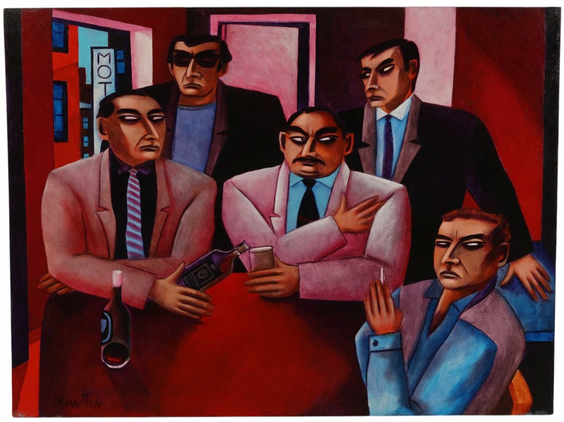 Graham Knuttel 1954-2023 Men Around Table Painting: Graham Knuttel (Irish, 1954-2023), oil on canvas depicting five stylized male figures gathered around a table in an interior setting, rendered in the artist's characteristic angular figurative style a