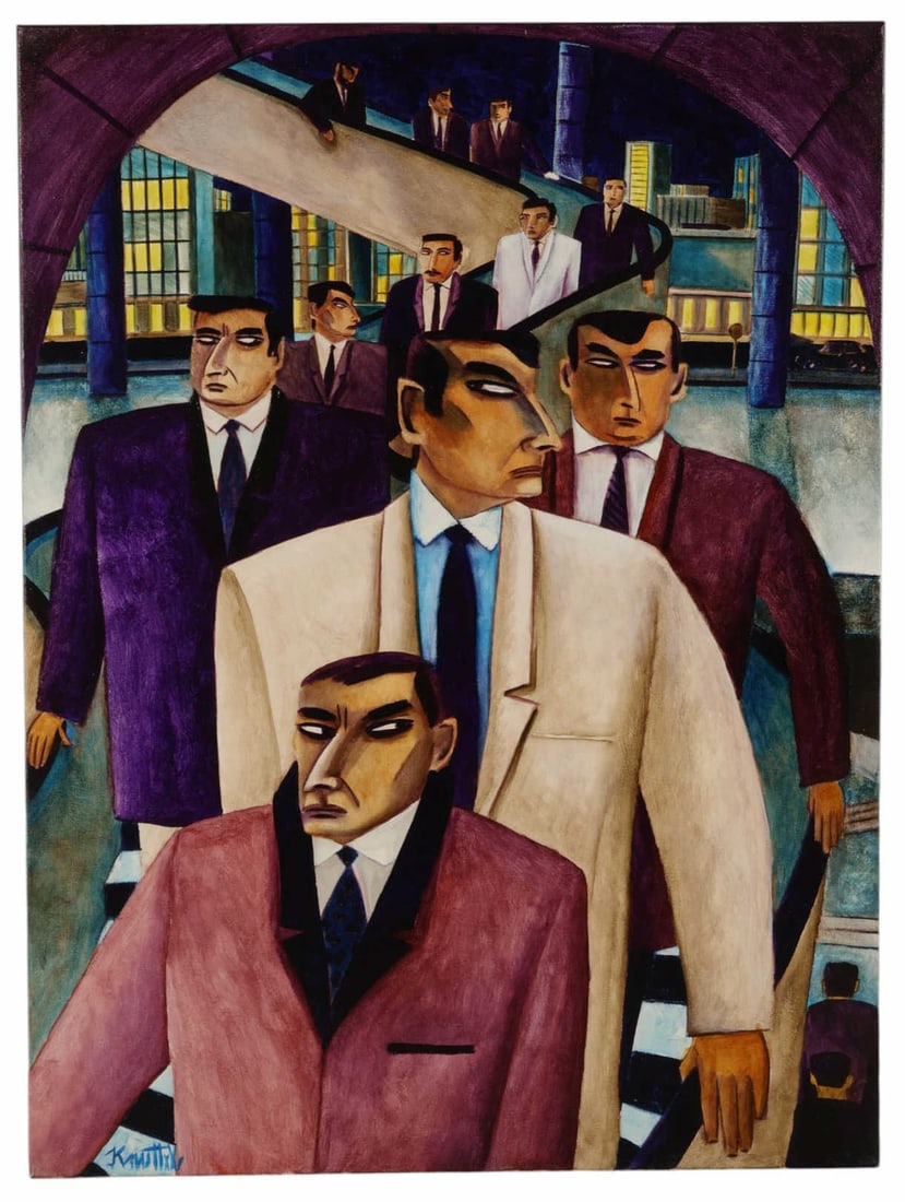 Graham Knuttel 1954-2023 Figural Interior Painting: Graham Knuttel (Irish, 1954-2023), oil on canvas depicting a group of stylized male figures in suits descending through a modern architectural interior, rendered in the artist's characteristic angular