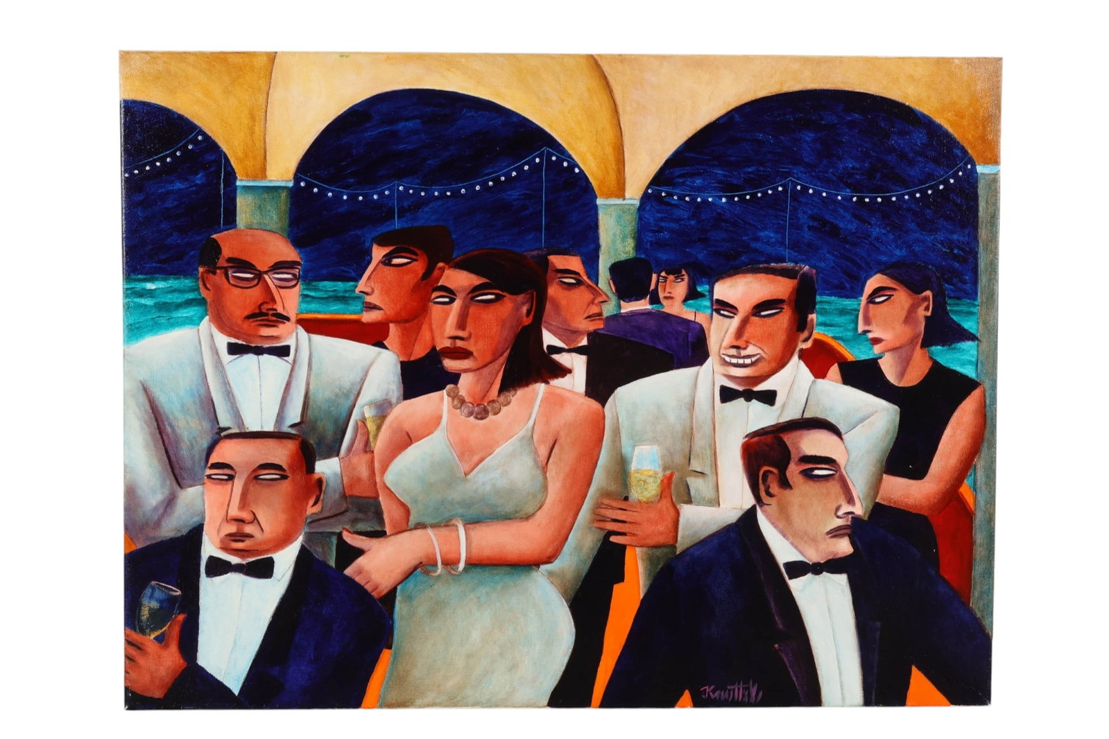 Graham Knuttel 1954-2023 Night Life Scene Painting: Graham Knuttel (Irish, 1954-2023), oil on canvas depicting an elegant evening gathering of men and women in formal attire beneath arched architecture and string lights, rendered in the artist's distin