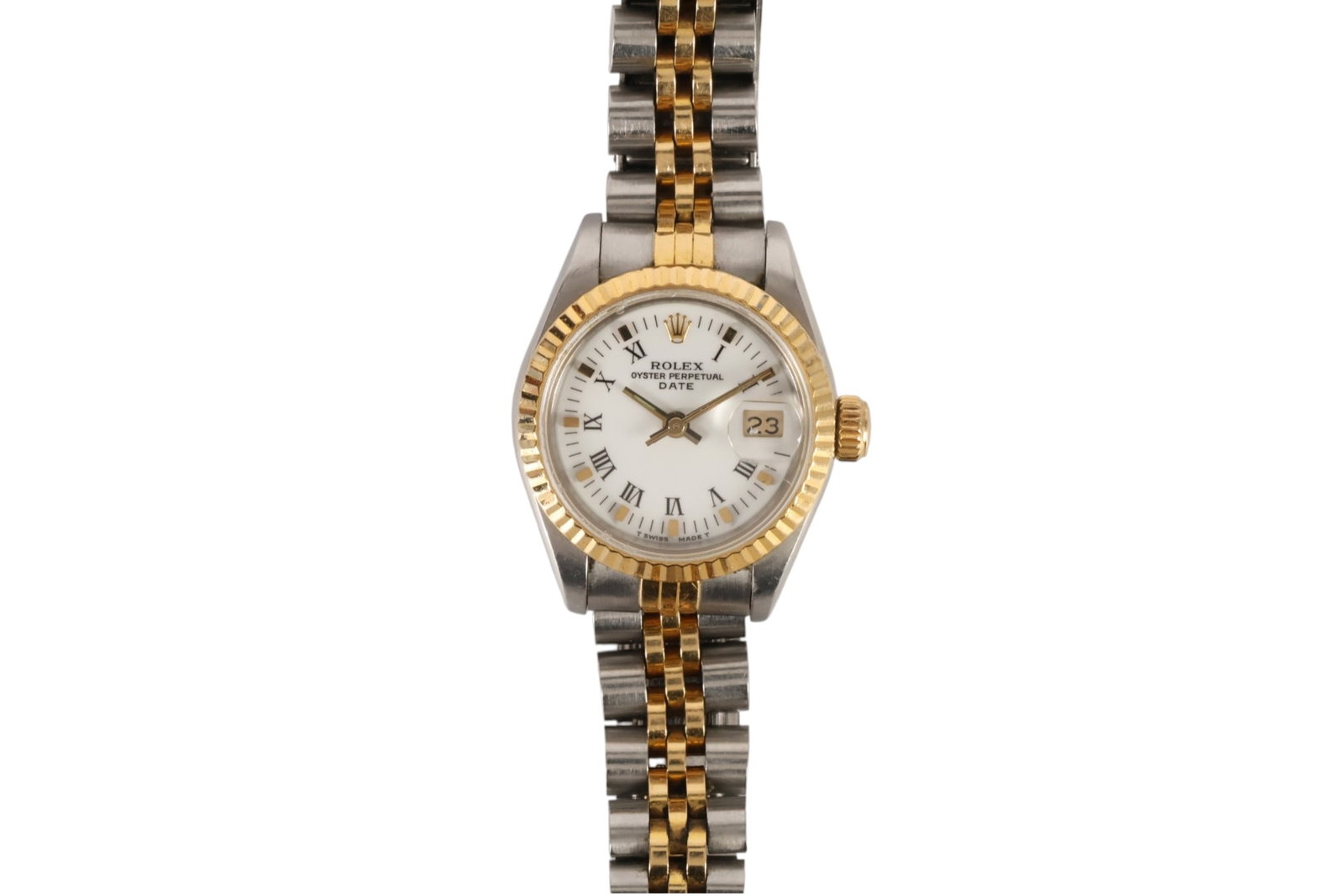 Rolex 18k Gold Oyster Perpetual Lady Date Watch: Rolex Lady-Datejust Two-Tone Wristwatch, vintage Swiss ladies' automatic wristwatch featuring an approximately 26 mm stainless steel Oyster case with 18K yellow gold fluted bezel, white dial with blac