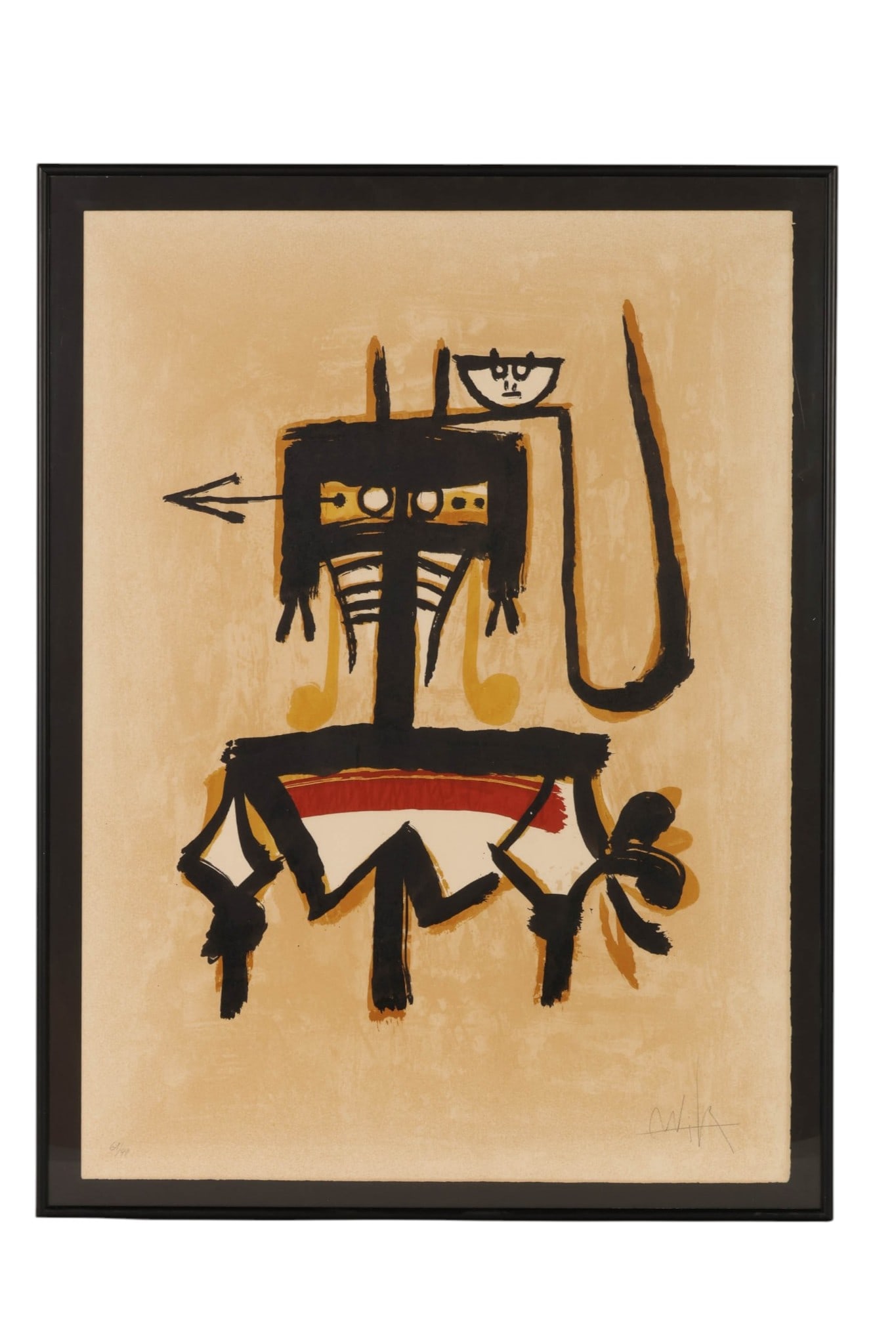 Wifredo Lam 1902-1982 Barcelona Lithograph SIGNED: Wifredo Lam (Cuban, 1902-1982), Barcelona, color lithograph on paper depicting an abstract figural composition in black, ochre, and red. Signed by the artist lower right and numbered 61/99 lower