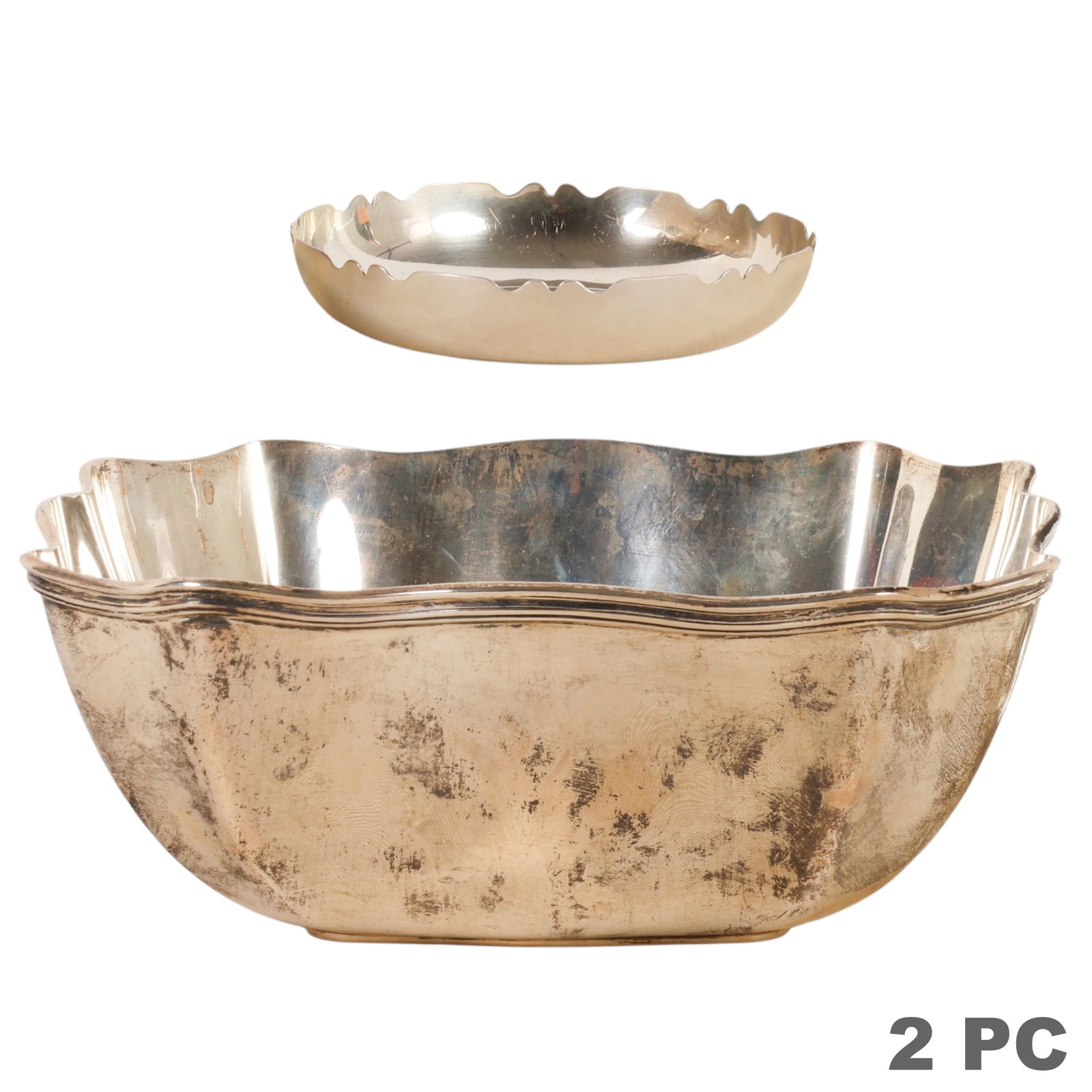 Sterling Silver Tiffany & Co Makers Bowls 2pc LOT: Tiffany & Co. Makers lot of two sterling silver bowls comprising one large square-form presentation bowl with softly fluted sides and a scalloped rim, the underside marked "Tiffany & Co., 17032 Makers